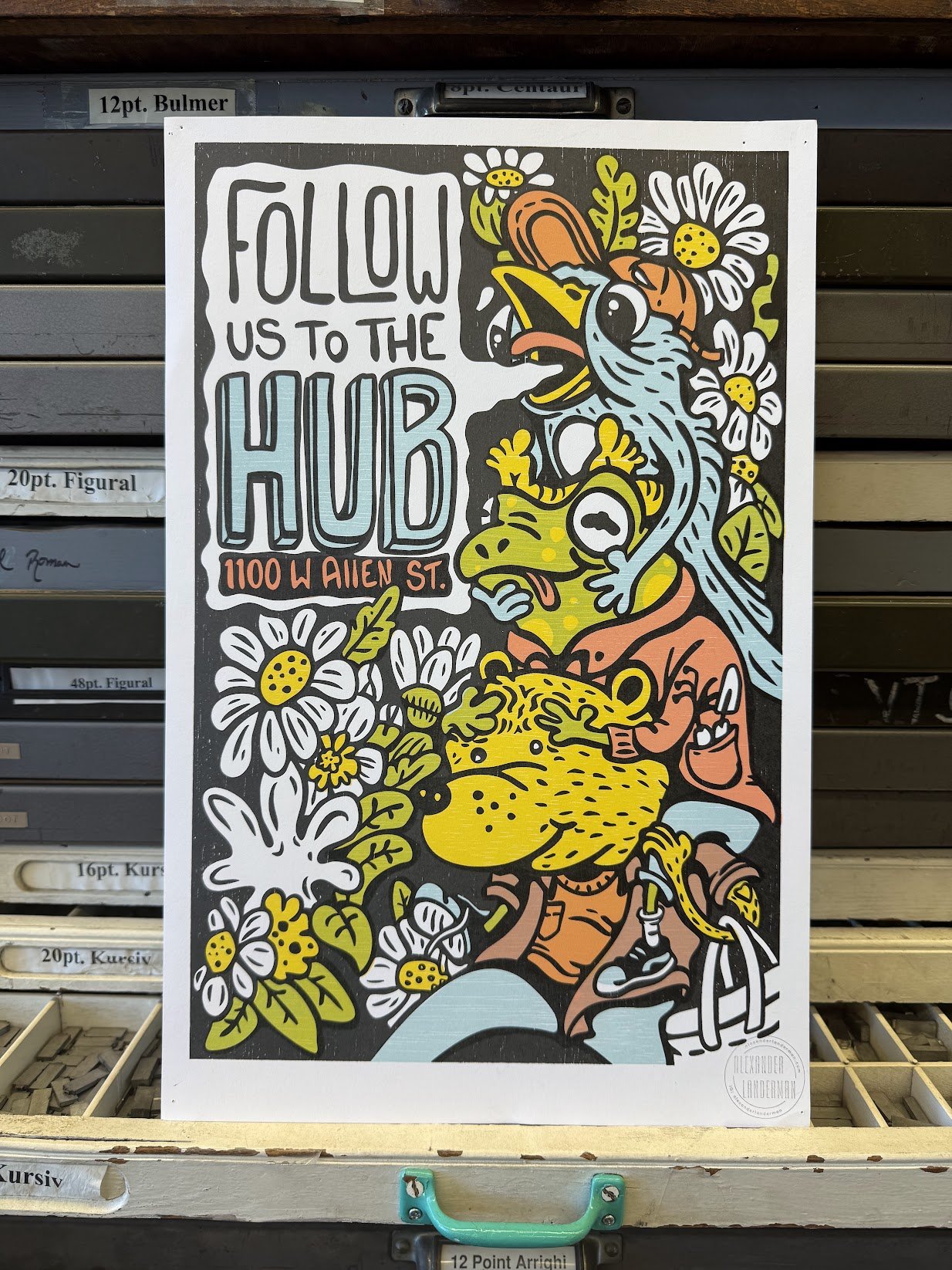 Relief-printed poster created for Mother Hubbard’s Cupboard as part of its branded print merchandise, supporting community outreach and food access initiatives