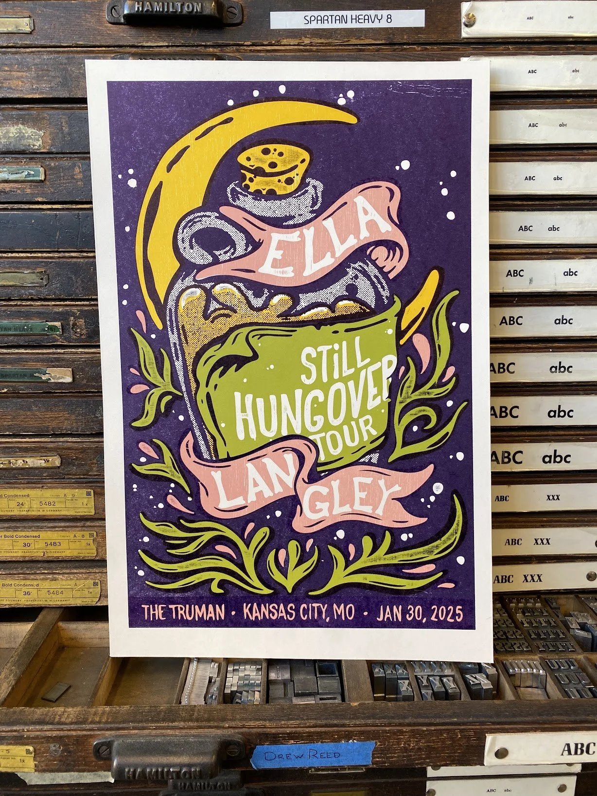 Hand-printed letterpress concert poster designed and printed for Ella Langly