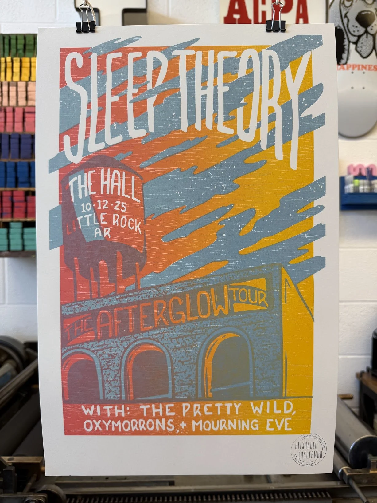Relief-printed letterpress show poster made for Sleep Theory live performances