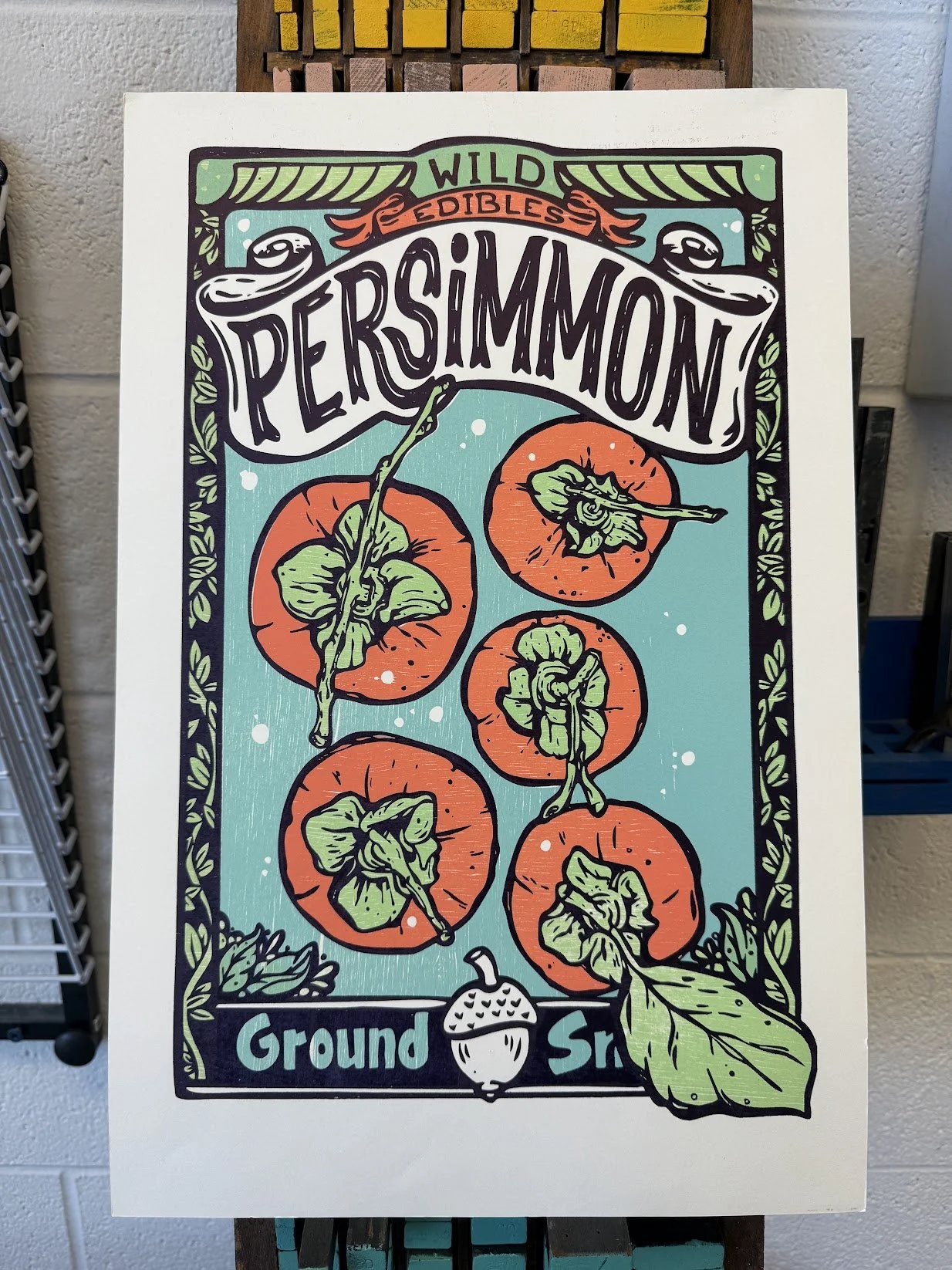 Relief-printed persimmons study designed and printed by hand as part of an ongoing personal printmaking practice.