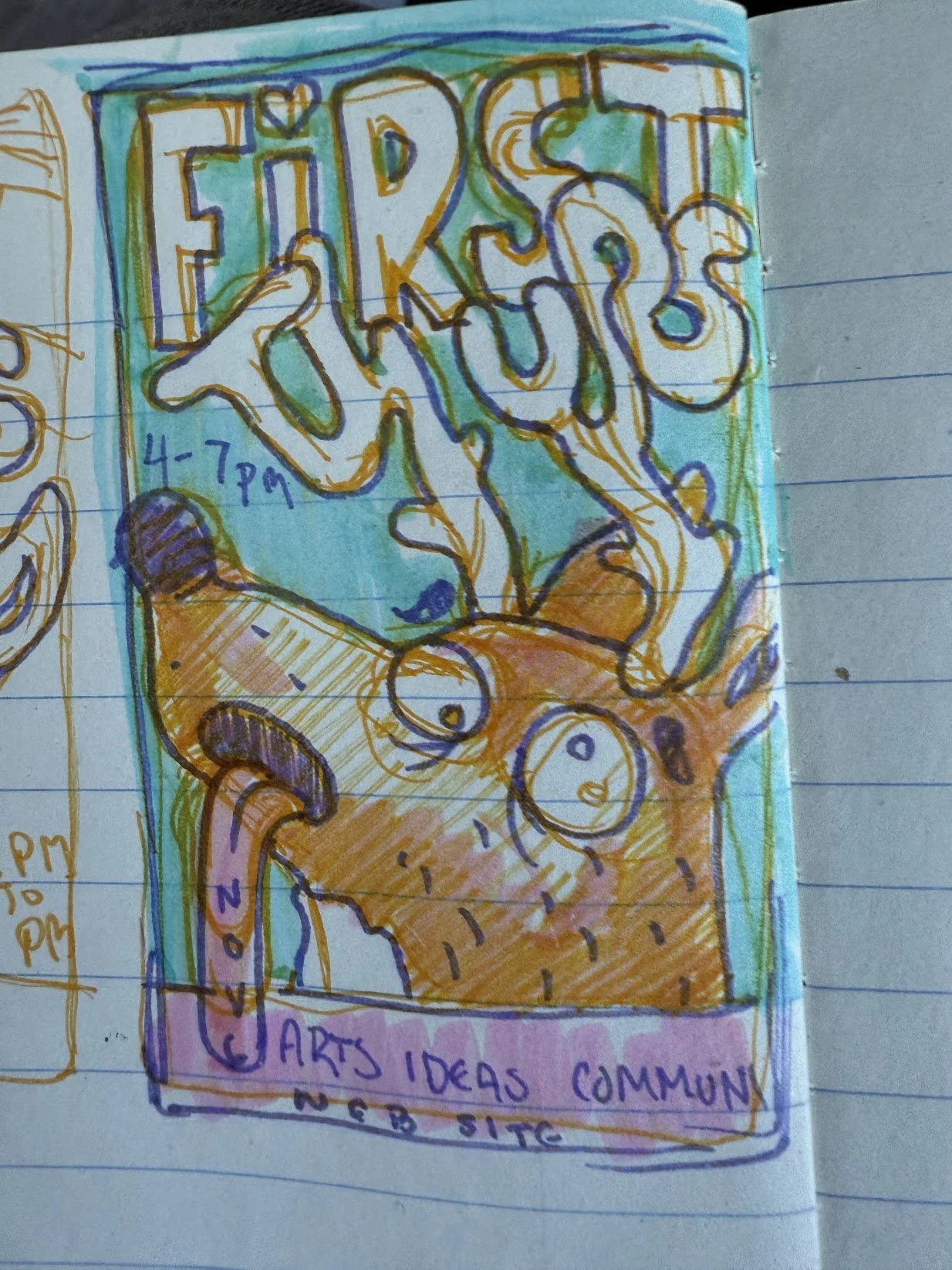 Refined sketchbook composition for First Thursdays poster showing developed layout and typography.