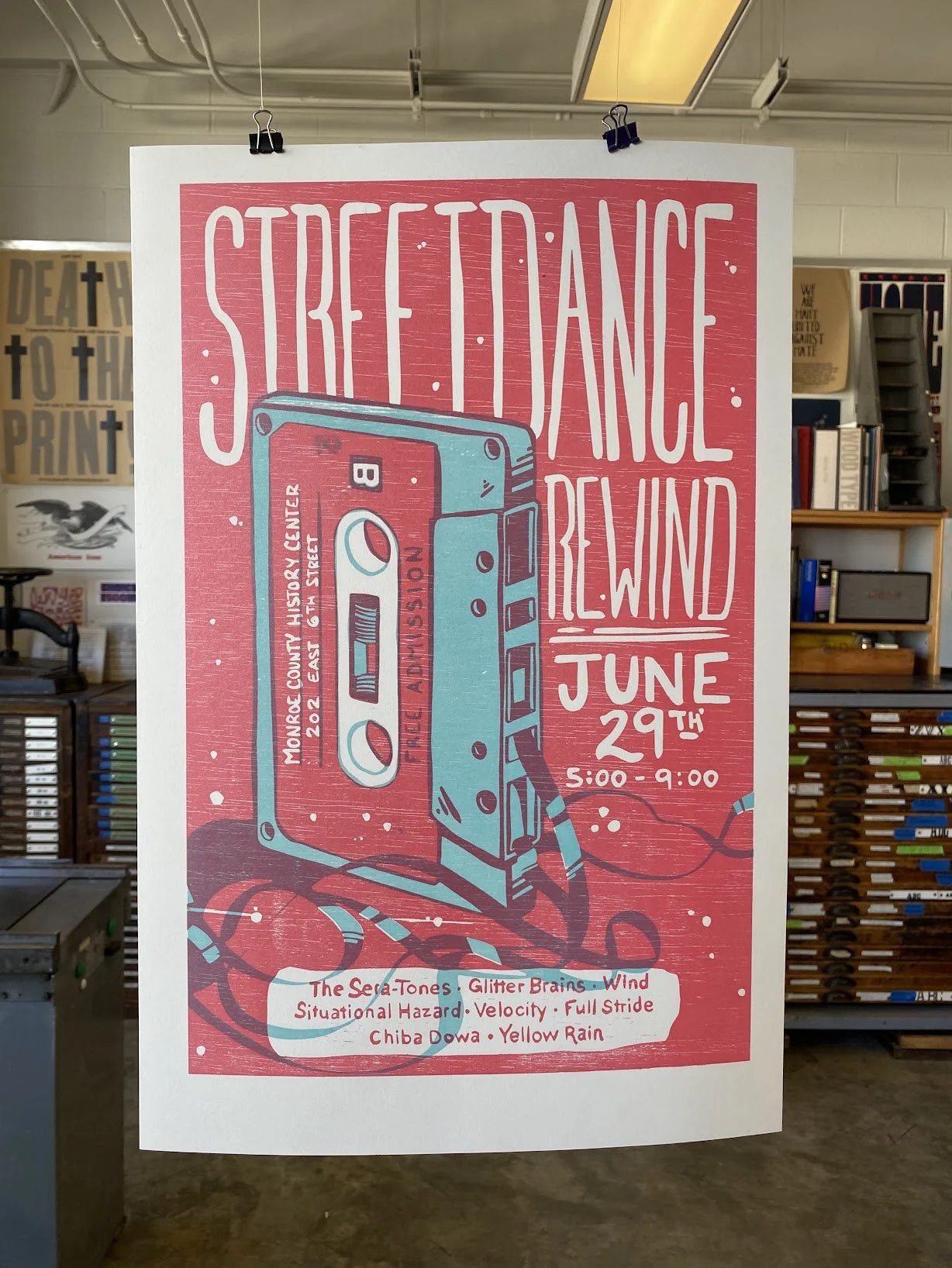 Relief-printed event poster created for Street Dance Rewind presented by the Bloomington Historical Society, a community event highlighting local history and dance culture.