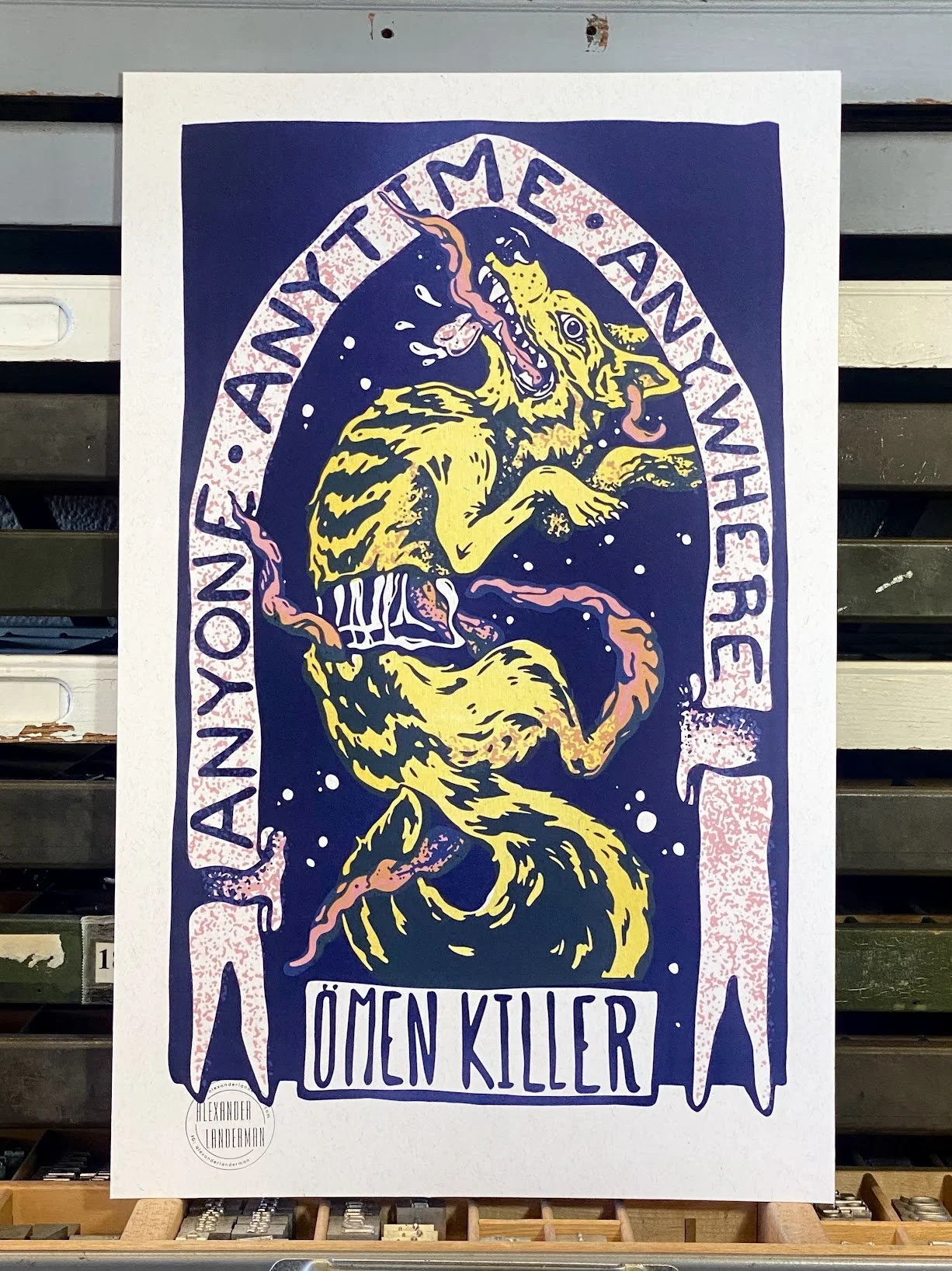 Hand-printed letterpress poster created as branded merchandise for the Omen Killer, supporting the band’s visual identity and independent music culture.