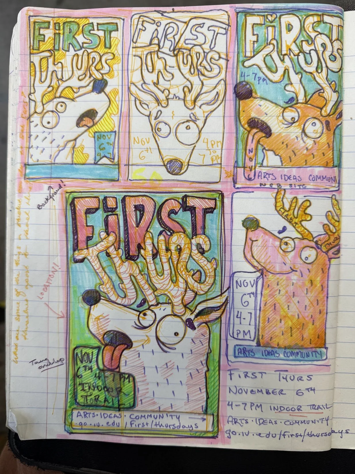 Sketchbook page with hand-drawn concepts for First Thursdays poster designs during early development stage.