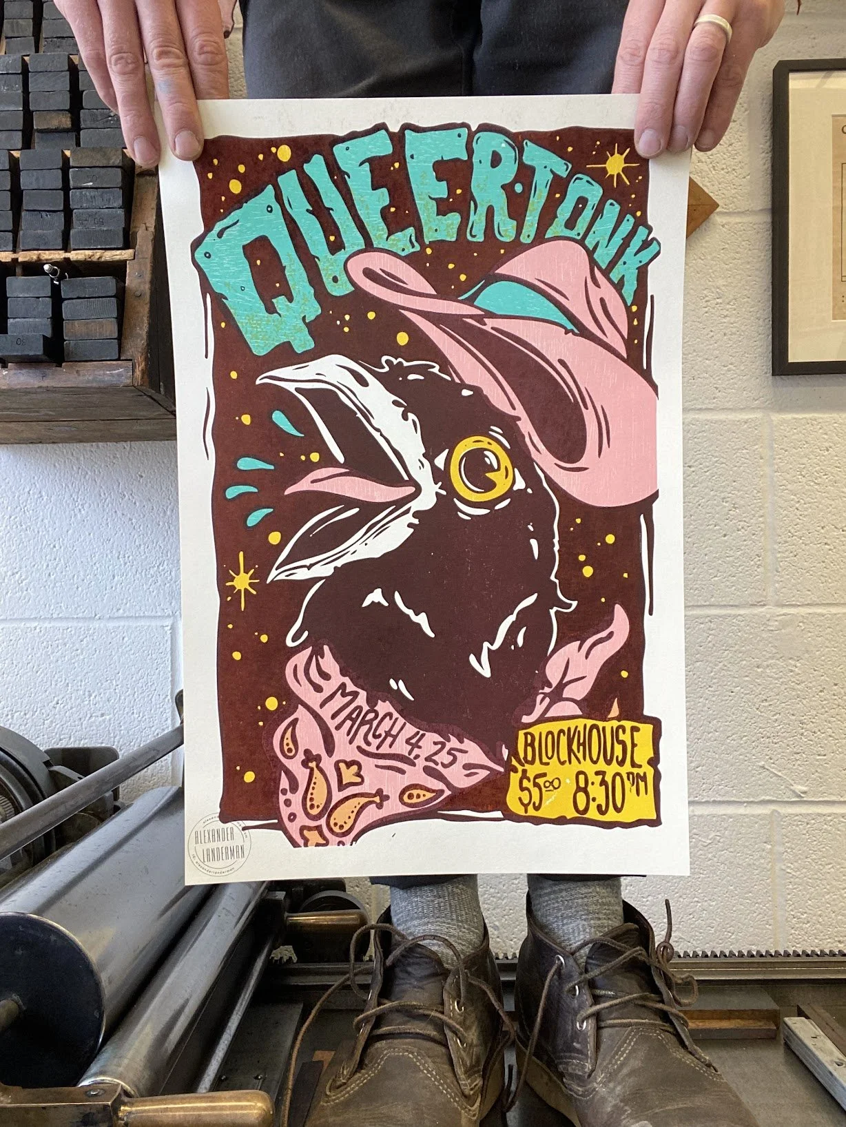 Relief-printed event poster created for Queer Tonk at Block House Bar, a recurring community music event.