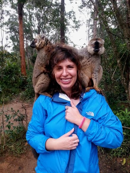 Amy visiting with some lemurs in Madagascar .