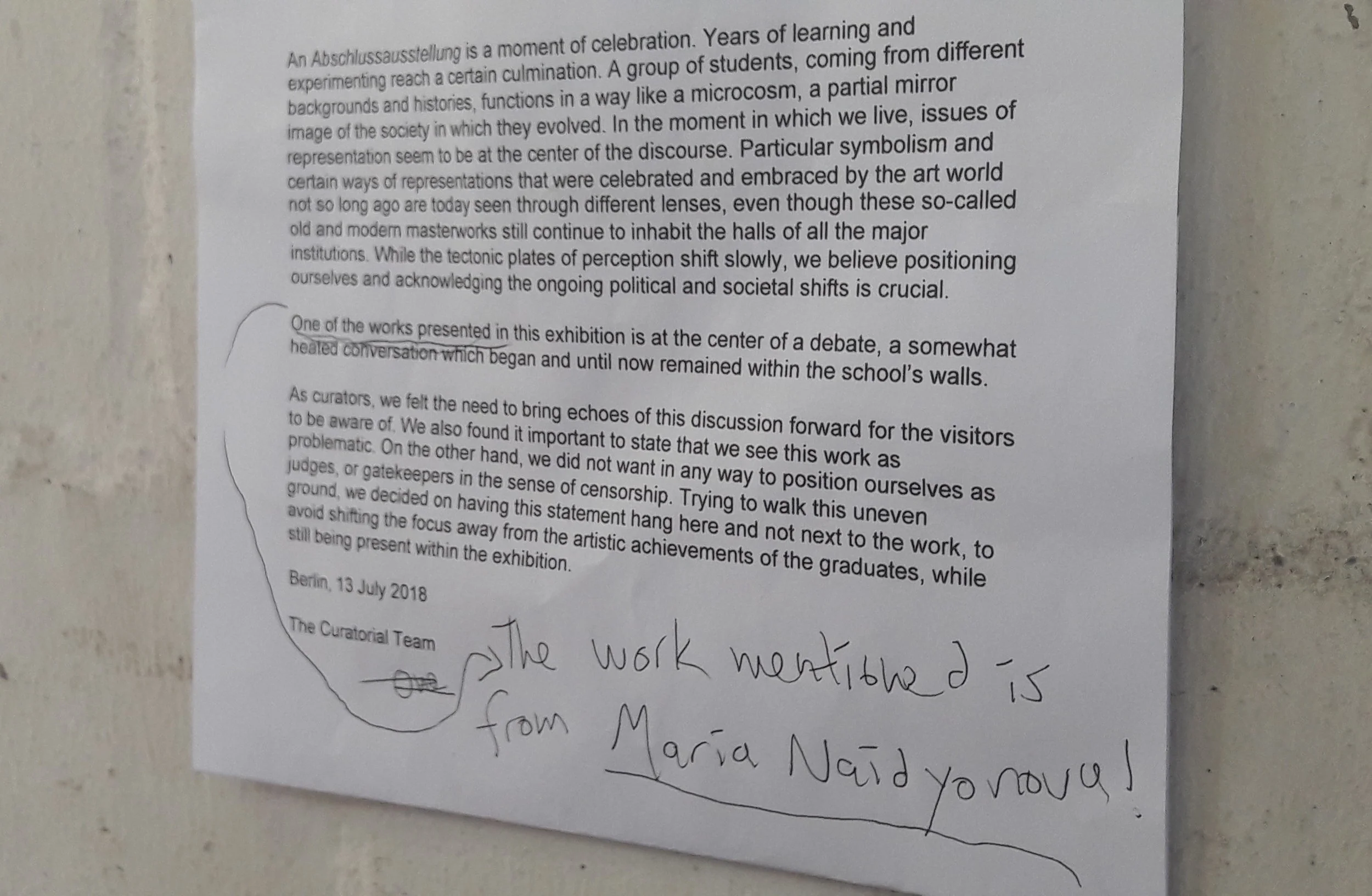 Maria Naidyonova's work being described as "Problematic" by curators from a recent art school show in Berlin