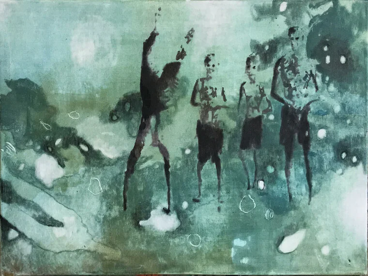 "Tag am Meer," 2018, 50 x 70 x 5 cm, Eitempera auf Leinwand