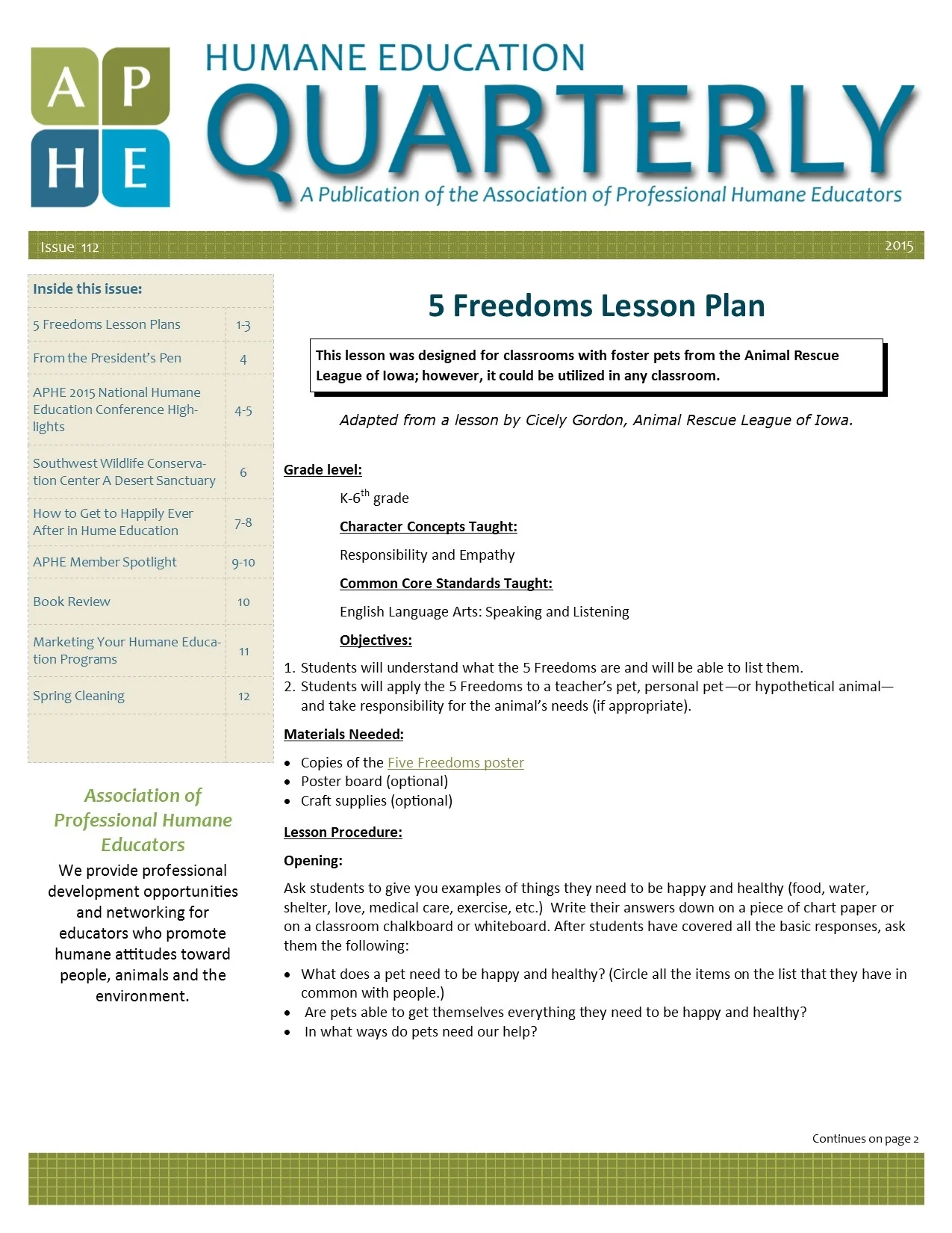 5 Freedoms Lesson Plan