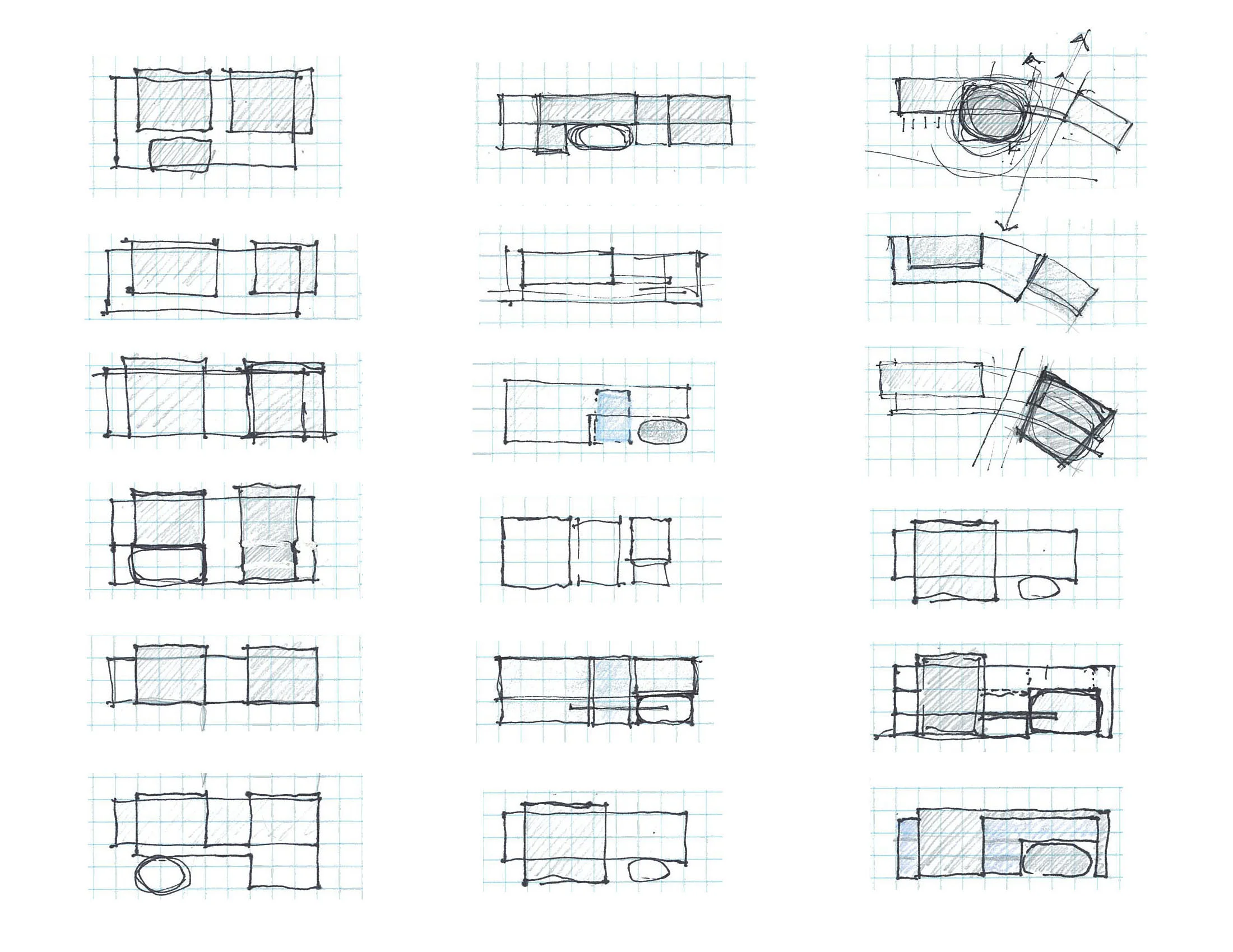 This series of sketches shows some examples of my design process on this project. I tend to work at a very small, diagrammatic scale while searching for a clear diagram to drive the building's design.