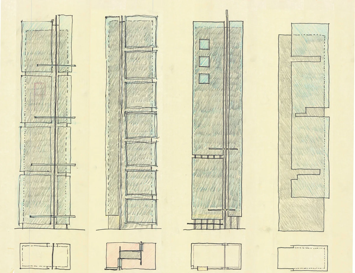 We also were interested in using balconies and sun shade canopies as form-defining elements. The recesses created by the balconies led to a conversation about differentiating the treatment of the facades between the inner and outer forms and overlap…