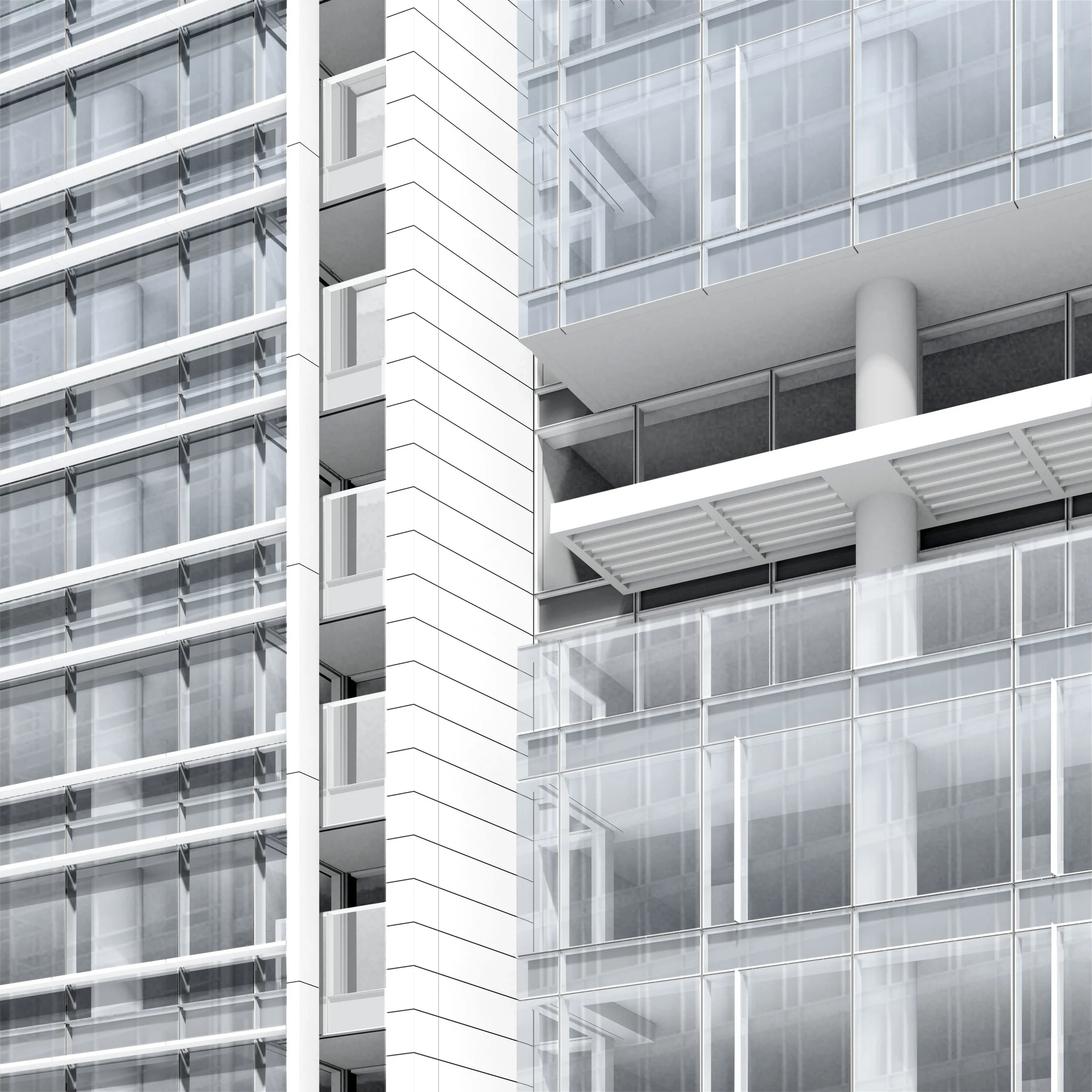 The need for solar control and ways of responding to this need specific to each orientation was also considered as a way of breaking up the massing of the buildings and emphasizing discreet portions of the façade as architectural elements.