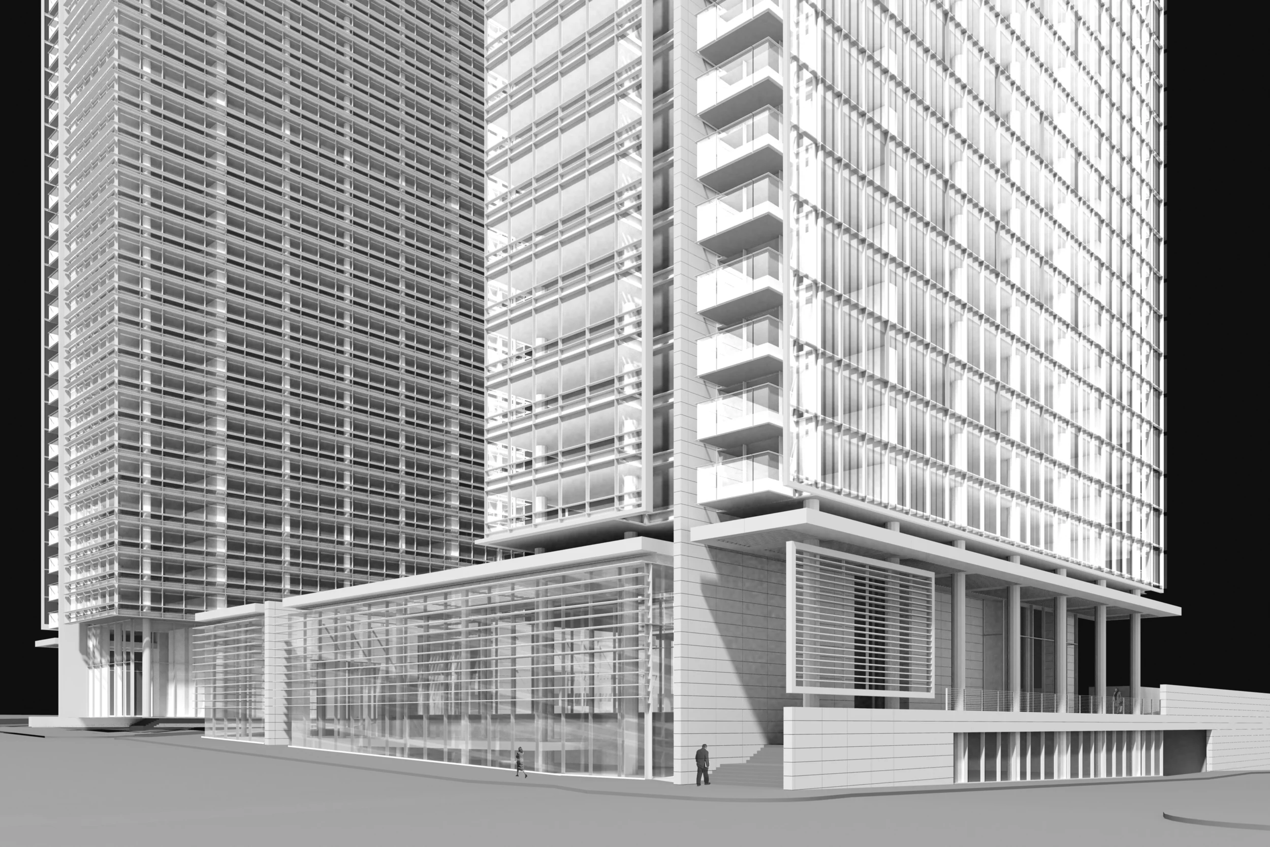 3d models were used throughout the design process as a way of testing principals as they were developed. By keeping materials abstract and white, the sculptural form of the buildings could be studied as&nbsp;the primary concern, leaving material def…