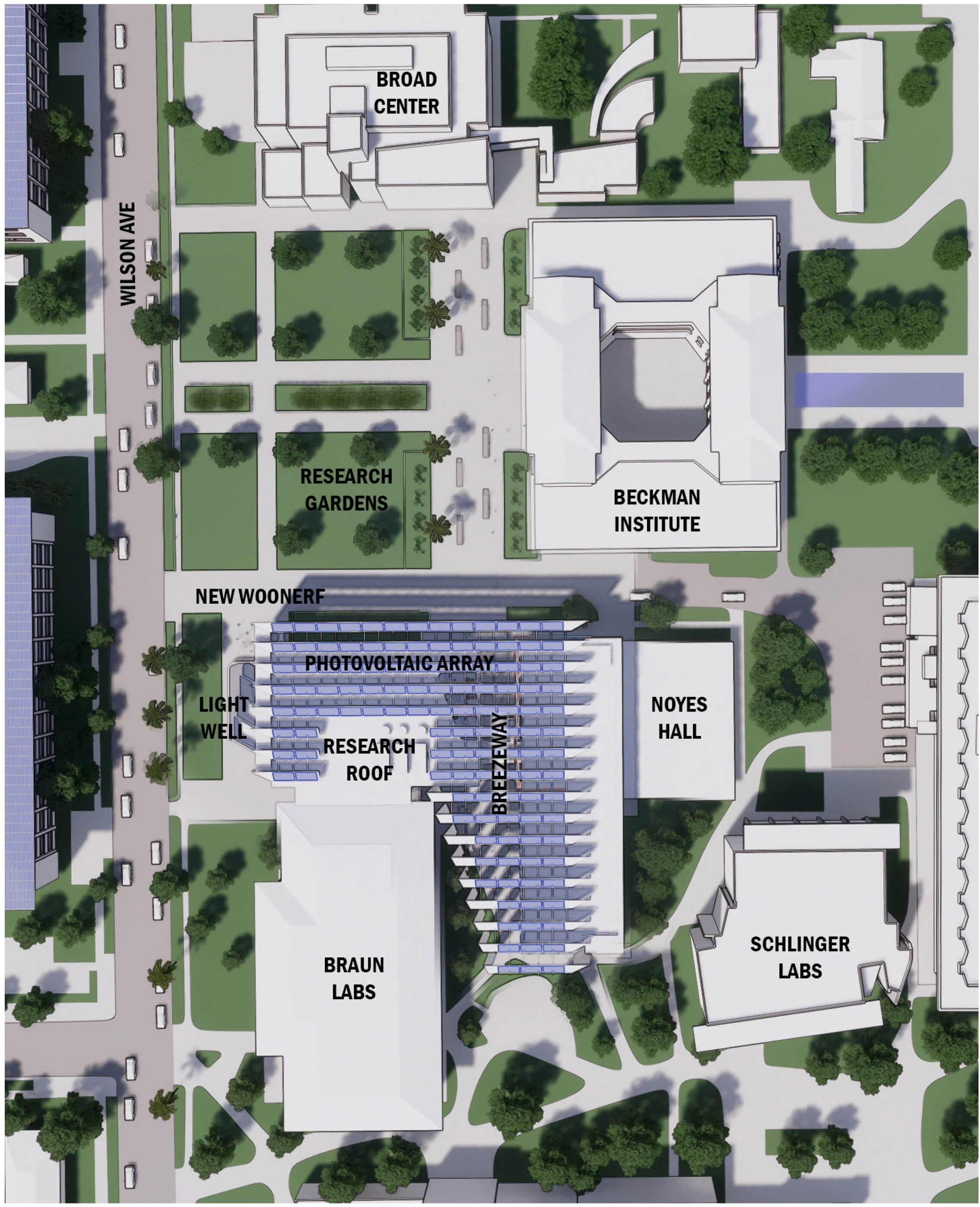 Both interior and adjacent exterior spaces of the building are shaded by a large photovoltaic array that wraps down the west façade to provide shading from low-angle sun.