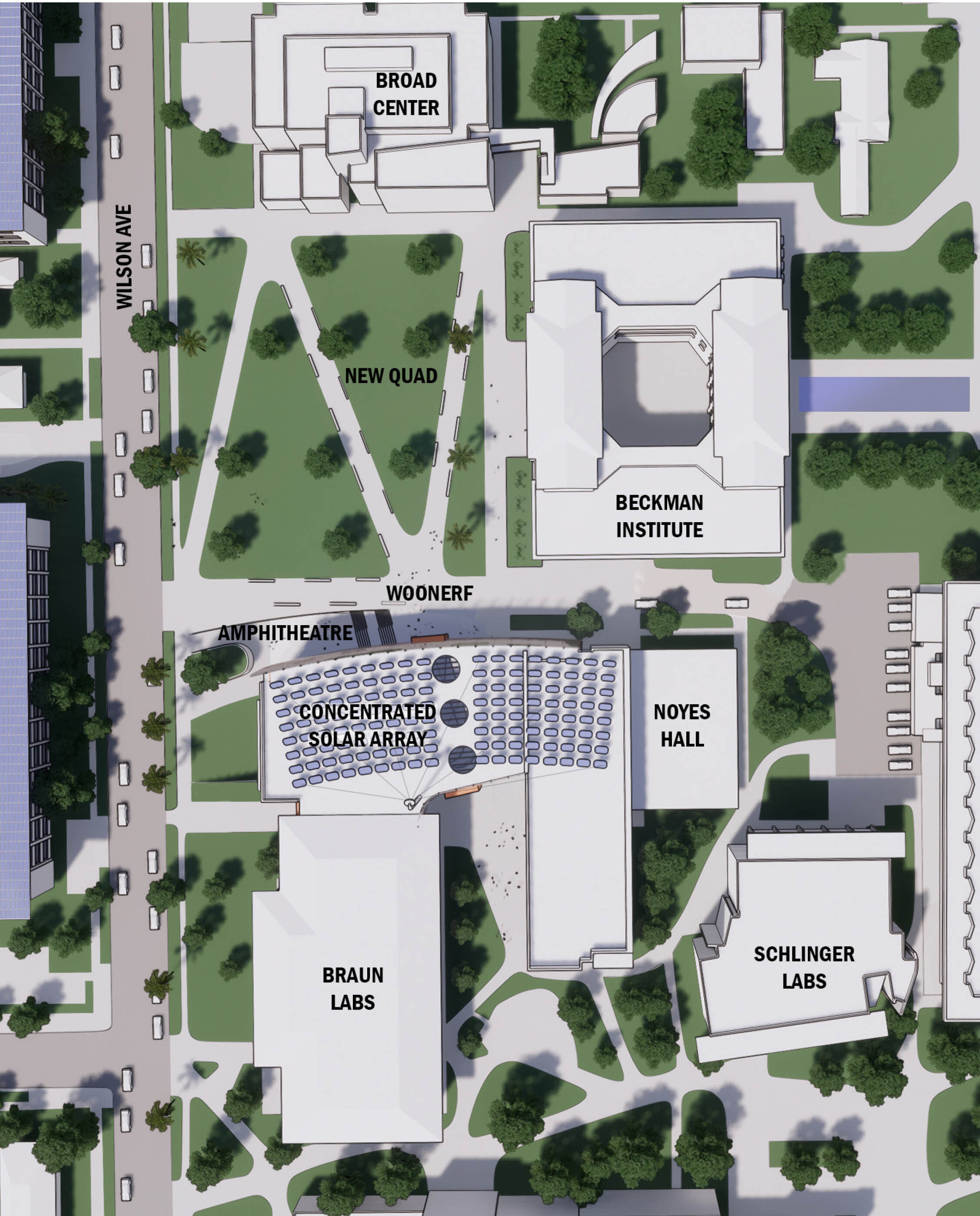The ground plane to the west of the building is tilted downwards to expose the lower levels of the building to daylight and create a continuity of space from the floor of the atrium out into the landscape. A grand stair on both the interior and exte…
