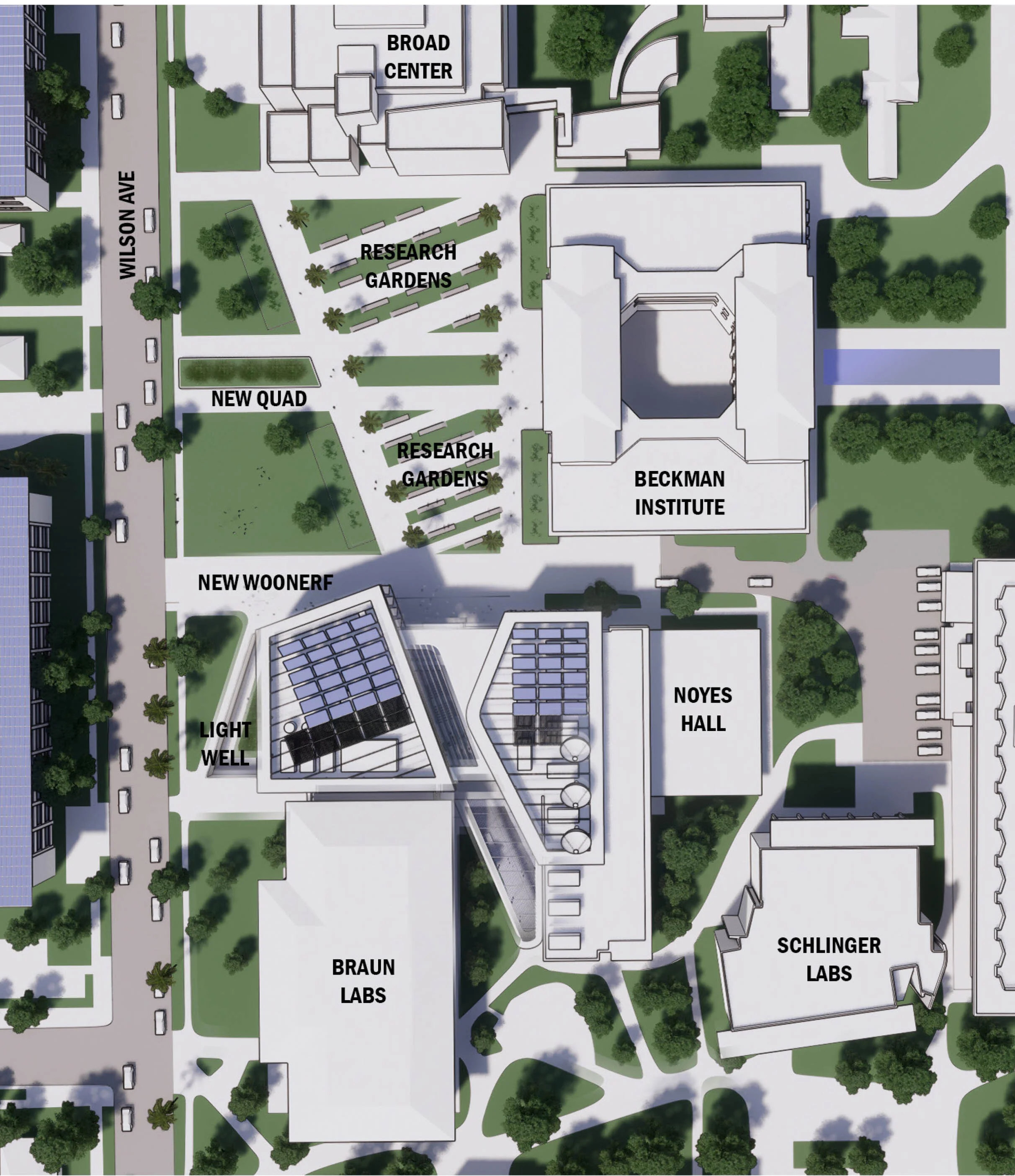 The building mass reaches dramatically northward and turns to address Wilson Avenue. Each façade’s shading is individually optimized through the exterior fin design, and the rooftop solar array armature allows for maximum flexibility in how componen…