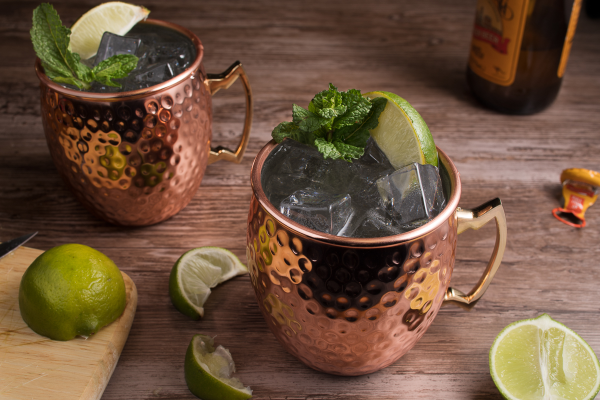 Moscow Mules in copper cups with a lotta lime