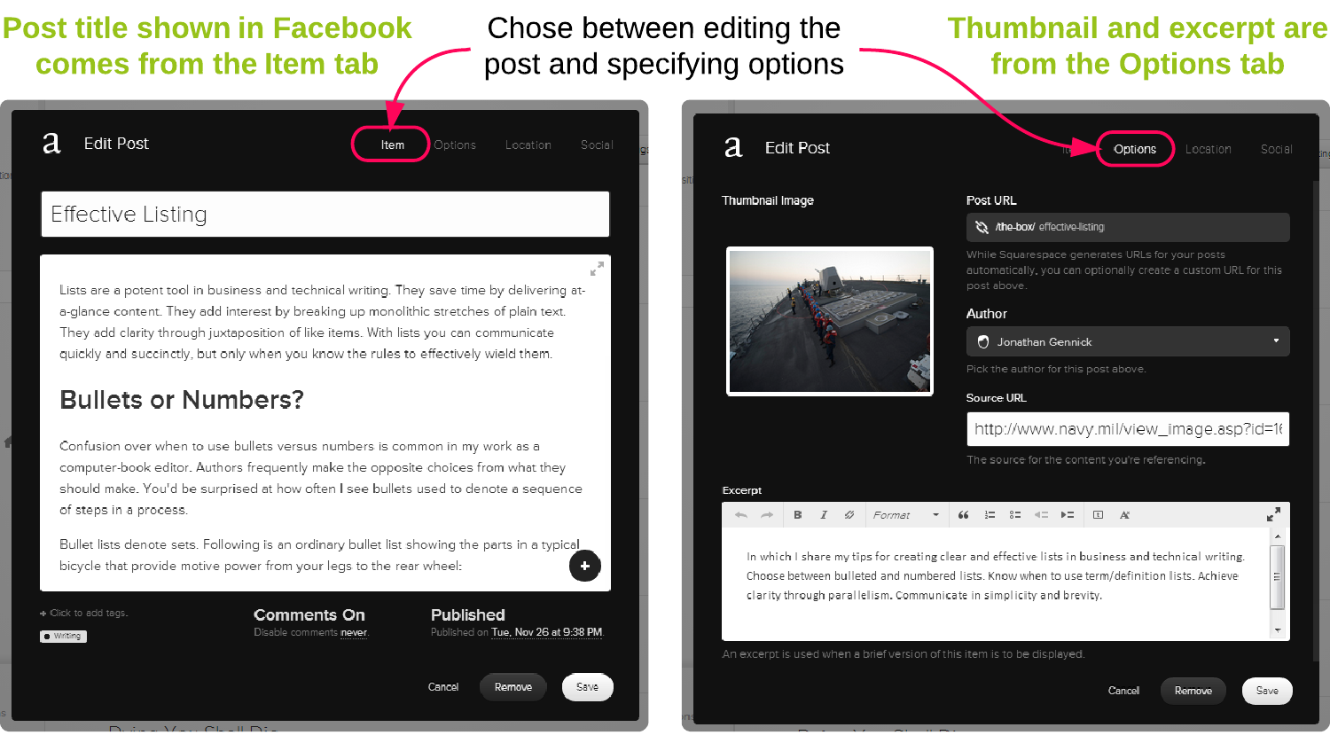 Figure 2. Specifying metadata in Squarespace for later use by Facebook