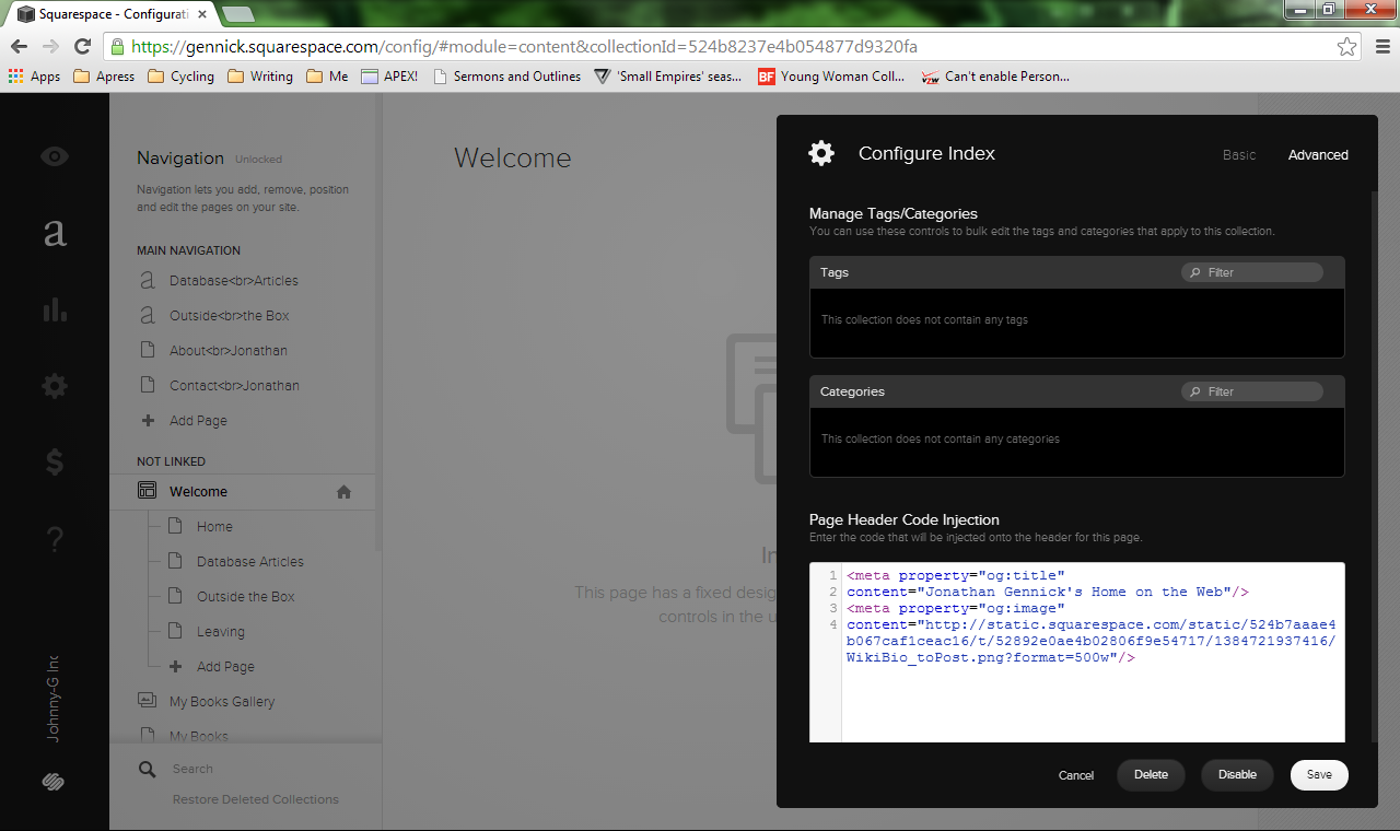 Figure 6. Open Graph tags specified to be injected into my home page's HTML header