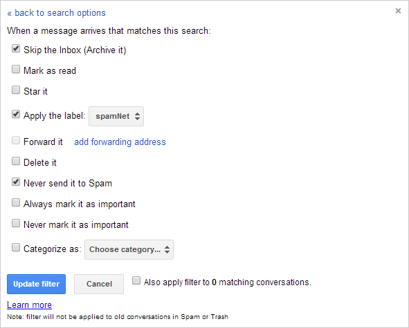 Figure 3. Specifying Gmail's response to each incoming message from the list