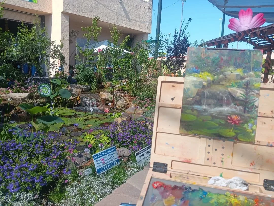 Today I competed at the @sandiegocountyfair plein air competition! This painting had to be completed today on the fair grounds. I chose to paint this gorgeous scene in the garden area by @socalwaterscapes . It was so gorgeous!!! 
.
.
.
#pleinaire #sd