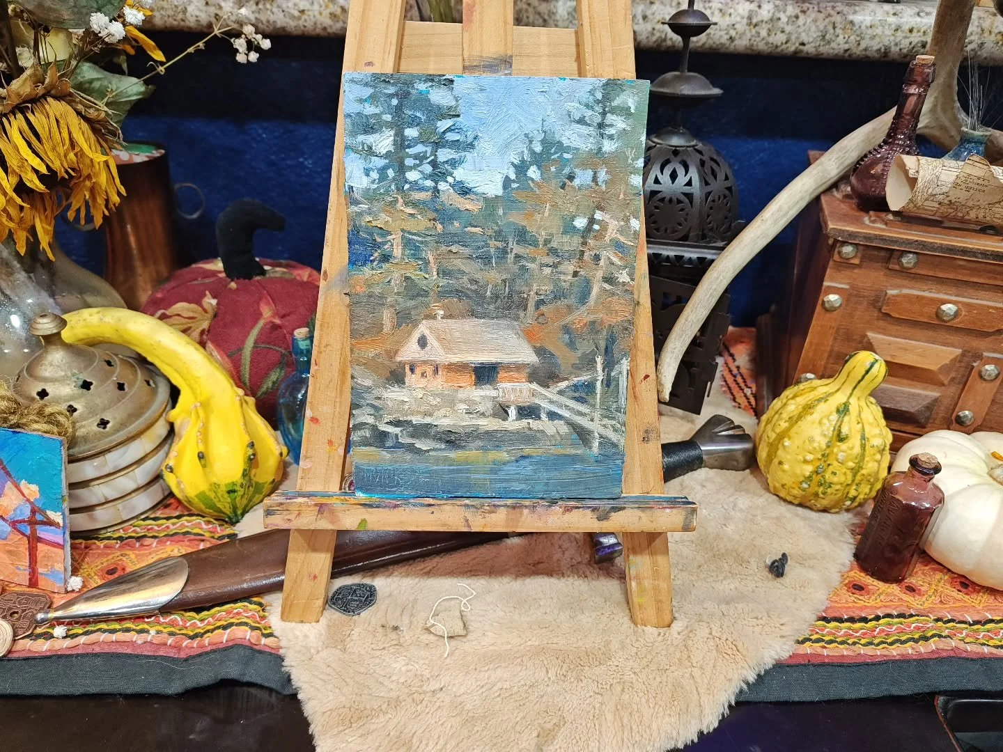 It's starting to finally feel like fall! I'm so very pregnant but still enjoying making some small cozy paintings as we wait for baby to arrive. This one is wet still but can be reserved. 
.
.
.
#cozyart #cozypainting #cabinpainting #fallart #october