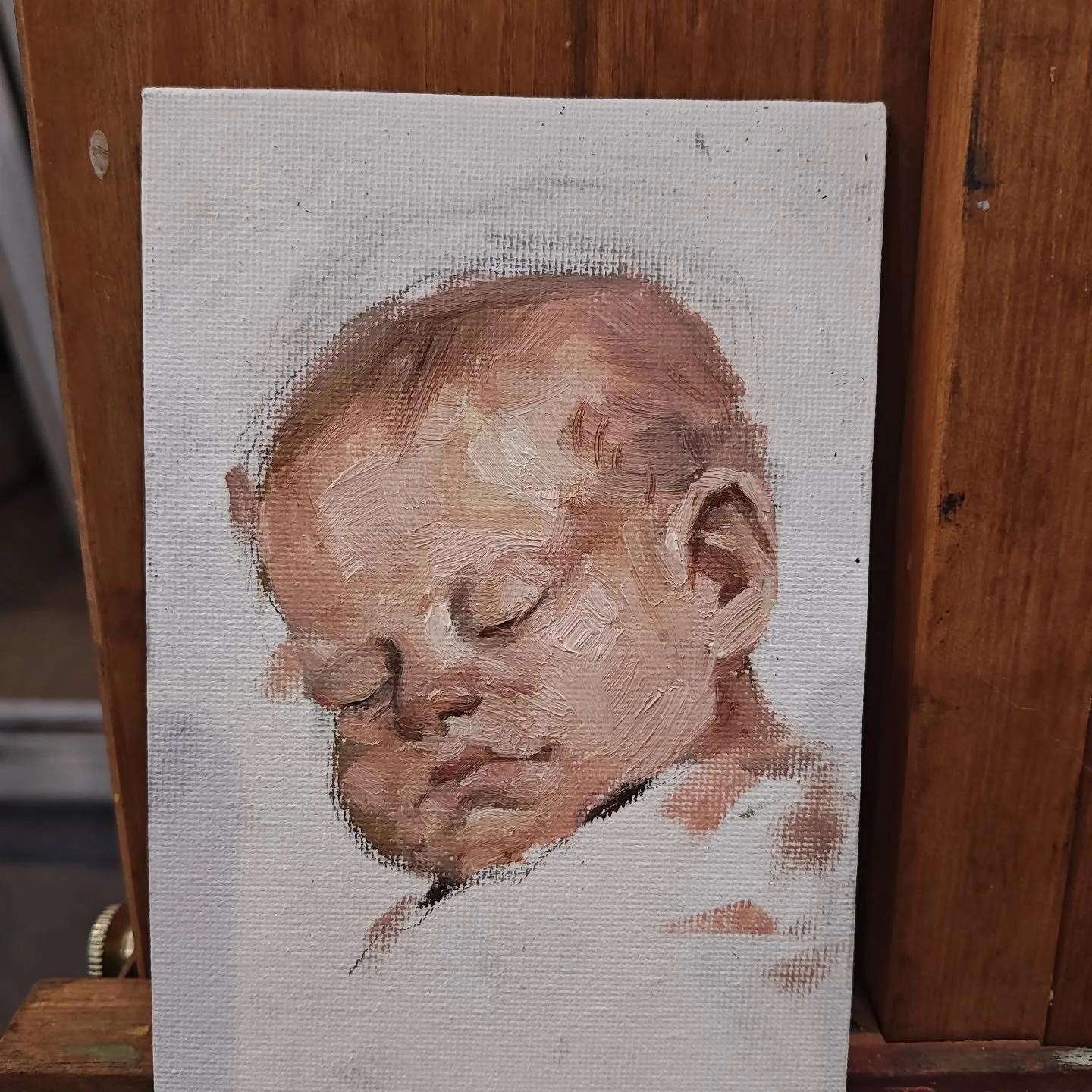 Day 12 #stradaeasel 
For this one I sat over his crib and sketched him on the canvas while he slept. Then I took it outside to my painting area and ran back and forth for color notes 😂 a good exercise in observation and memory. I'll definitely try i