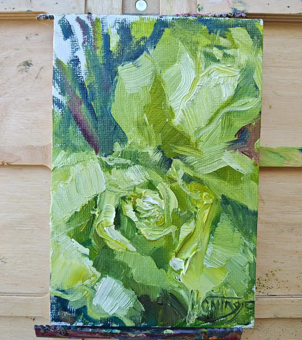 Day 15 #stradaeasel challenge. Very difficult to make yellow, whitish, greenish roses not look like lettuce! 😆 It could be lettuce if you want it to be though, haha. Fun to be painting my get well soon flowers. 
.
#rosepainting #stilllifepainting #a