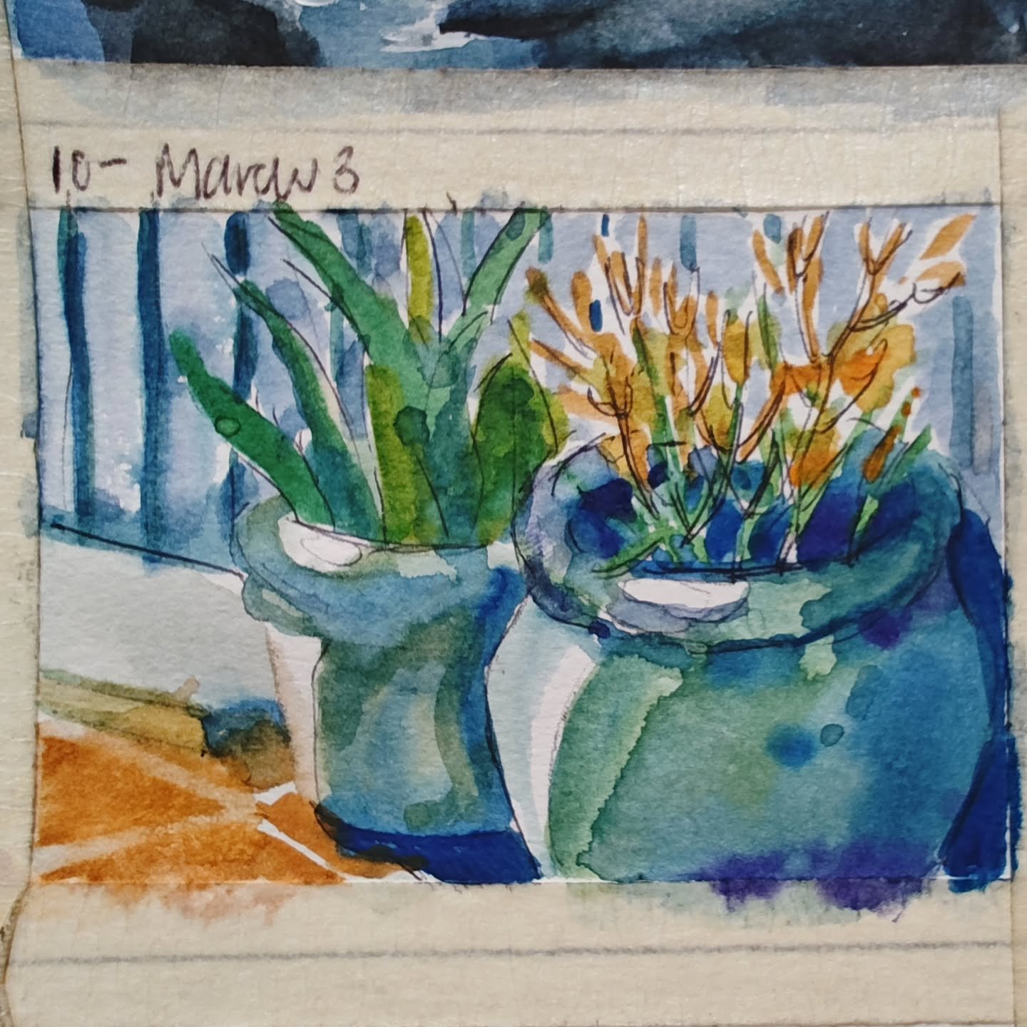 Day 10 of my #100dayproject 
Learning water mediums. 
I REALLY enjoyed doing these glazed pots! Also can't go wrong with a strong complimentary color scheme. 
#watercolorsketch #watercolorplantstudy #firesticksucculent #aceo