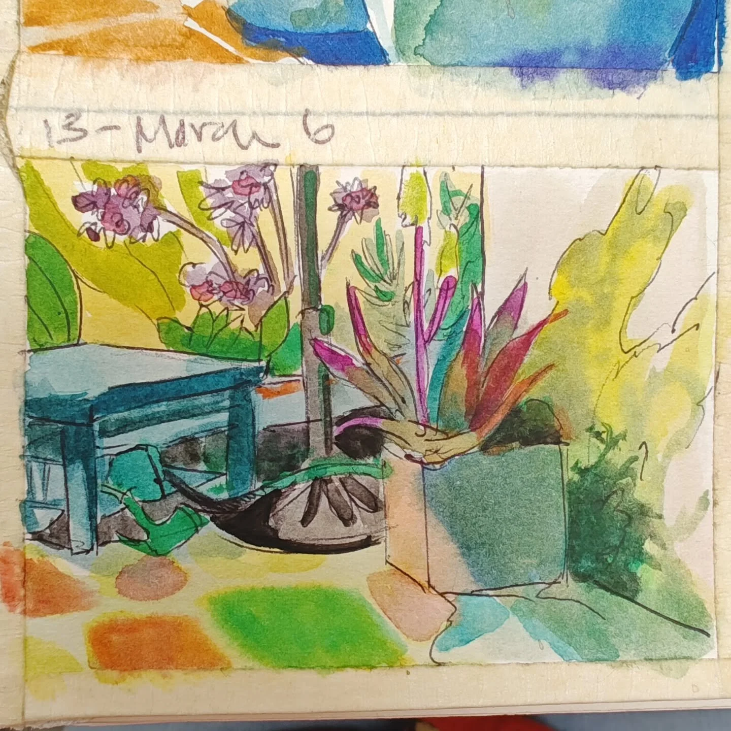 Day 13 of my #100dayproject . I am learning water media! This one is watercolor with pen. I'm still trying to figure out what I like best. This is another plein air study outside my studio @spanishvillageart . #watercolorpainting🎨🖌️ #gardenpainting