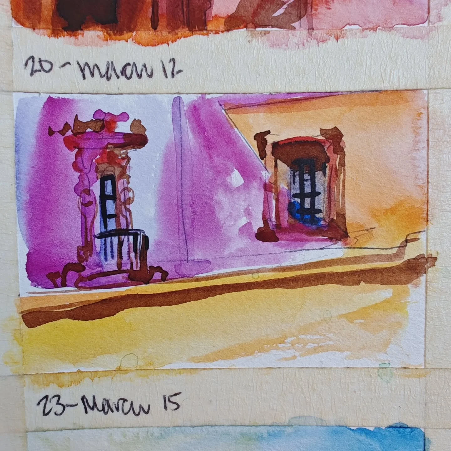 Working on my #100dayproject 
Learning water mediums. This one is a close-up on some windows in Balboa Park and some of the buildings. So many of them have such artistic and intricate filigree around them. It's fun to try to capture that without pain