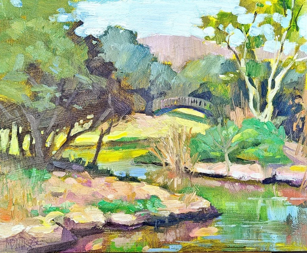 "Lake-side shenanigans" 
Painted at Santee Lakes, San Diego CA. There is something daunting about painting a scene with lots of greenery. All those trees and bushes and grasses and watery pools are technically green, but they're all differe