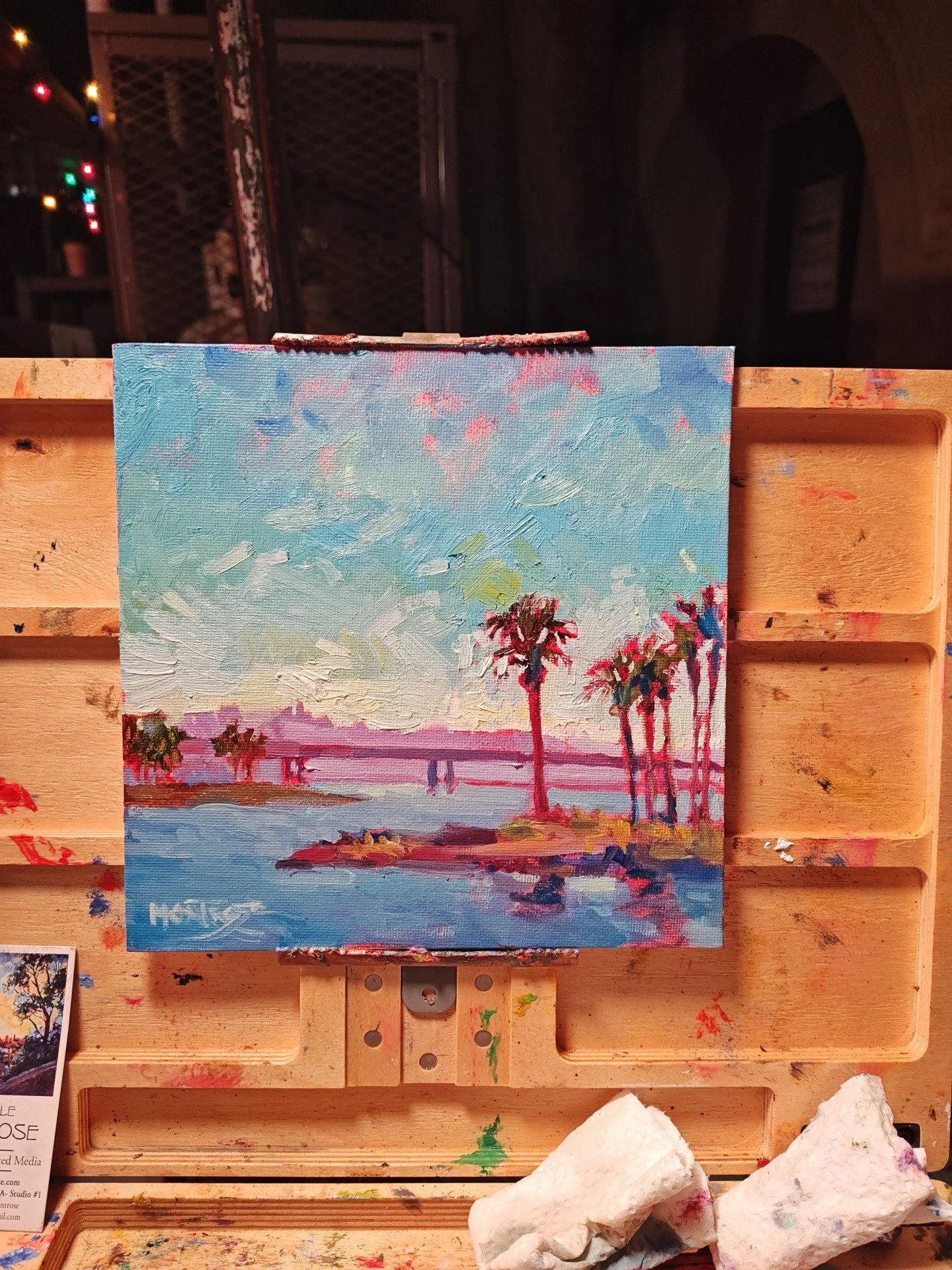 "Bravado Beach"
45/100 of my 100 palms challenge! 
Description: colorful studio painting of mission bay, San Diego CA.
Dimensions: 8&rdquo;x8&rdquo;
Details: oil painting on canvas board. The red/pink underpainting really does come through!