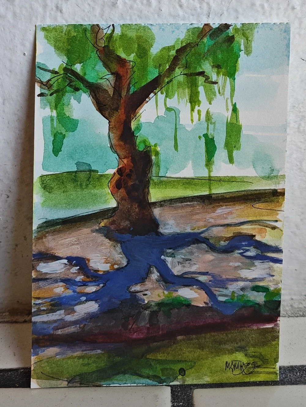 I have still been working on my #100dayproject of learning water mediums. Just haven't been posting so regularly 😂 here is 31/100. Done on a beautiful day at lindo lake here in San Diego. 
.
@dothe100dayproject #watercolorsketchbook #sandiegopaintin