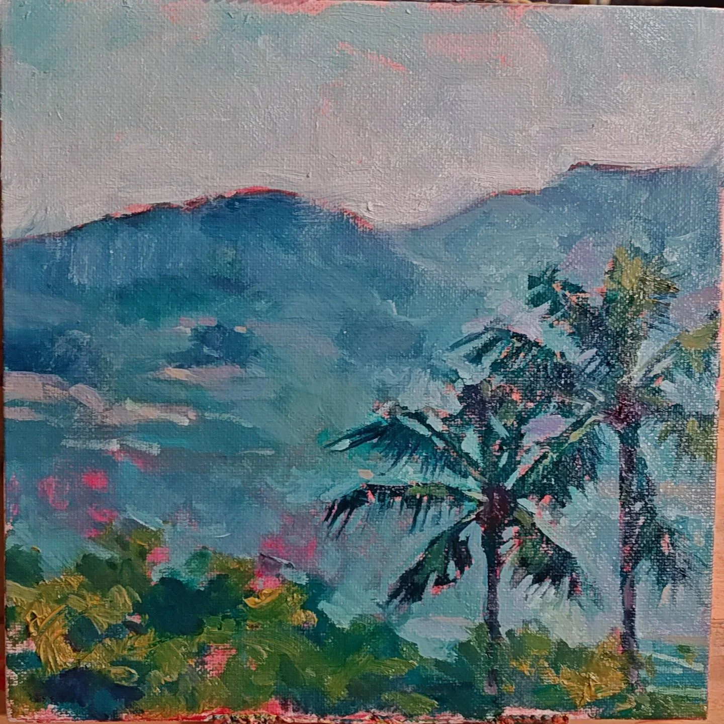 "Mele Kalikimaka"
.
46/100 of my 100 palms challenge! I completed this as a painting demonstration outside my studio for December nights at Balboa Park. 
.
Description: colorful studio painting of Hawaiian palm trees. 
.
Dimensions: 8&rdquo