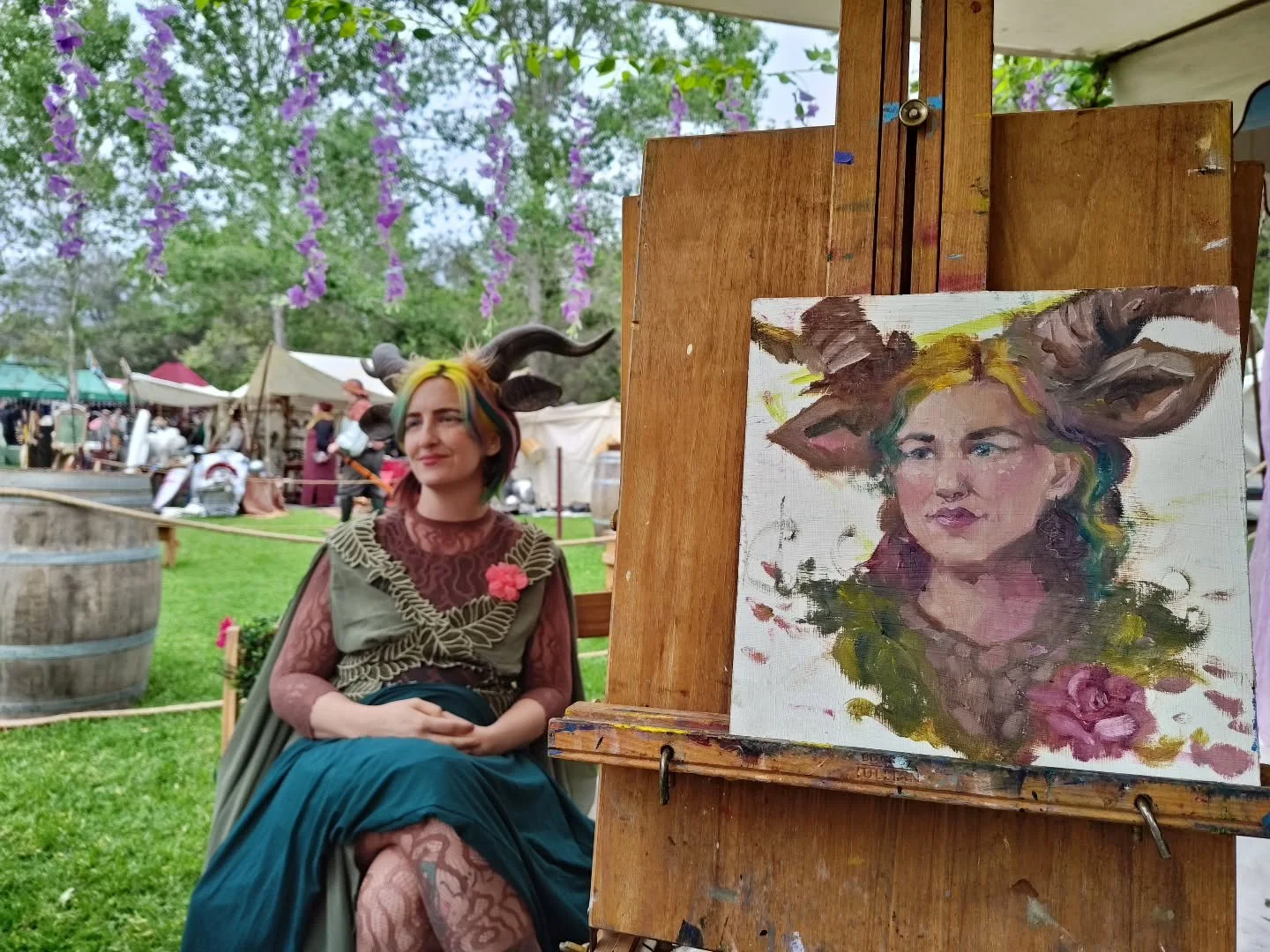 Such beauty! Such whimsy! Thank you @abeautifulrotisseriechicken for letting me paint you at the Escondido Renaissance fair. 
.
.
.
#portraitpainter #sandiego #sandiegoartist #fairyportrait #whimsicalportrait