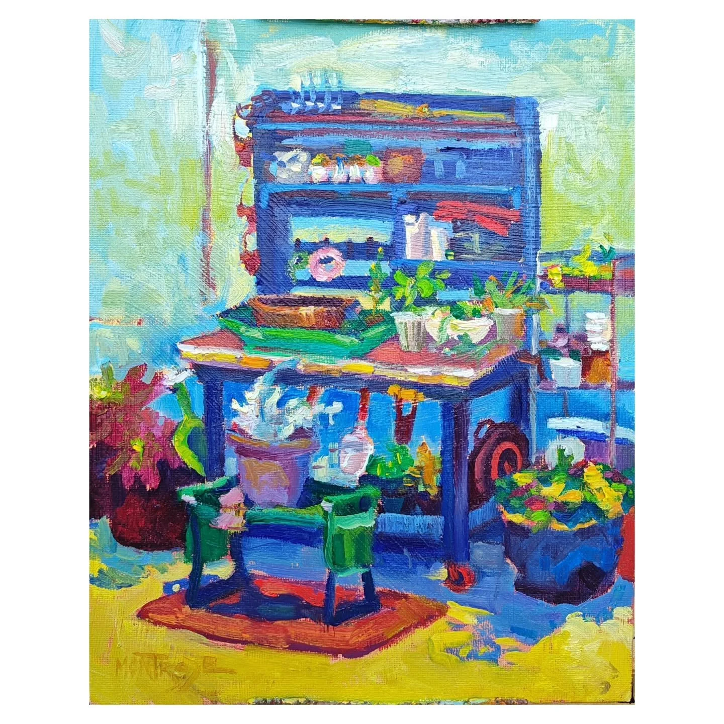"Joyful Chaos"
8x10
Original Oil Painting 
made en plein air (outdoors and on location) 
Available 
.
This was a fun one. You just know when someone has a potting bench like this that they have their own delightful system of organization. A