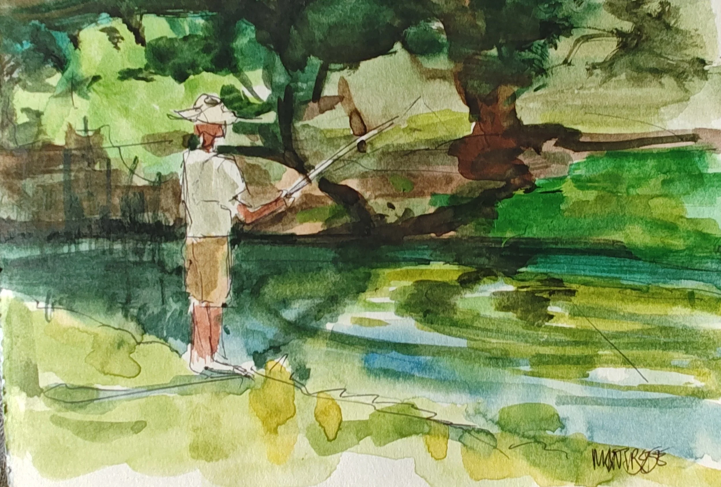Mini Original Plein Air Painting- fishing at Santee lakes