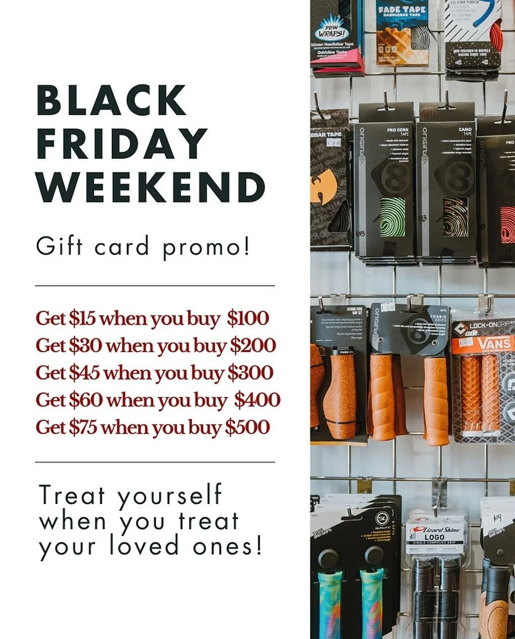 🚨 This weekend only! 🚨This Black Friday Weekend get a bonus for yourself when you gift your loved ones a Dashing Bicycles E-Gift Card! Shop online now, select the amount you want to give, and receive your promo bonus in your inbox to spend on your 