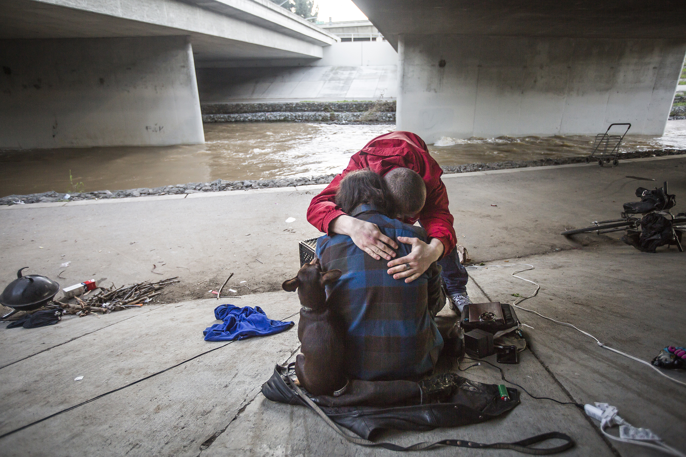  A homeless boy and dog give affection to a friend having a hard time under the Guadalupe overpass in Downtown San Jose, California.  
