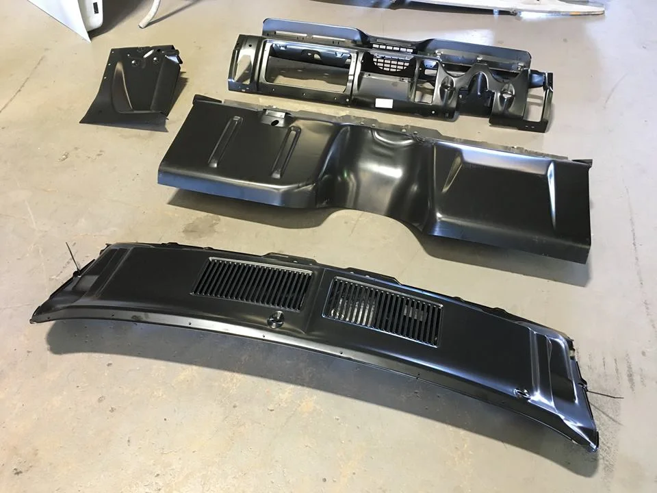 The RHD conversion kit ready for installation. The conversion kit comprises five panels (the fifth panel is under the wiper cowl panel). Some factory holes will be filled and factory creases removed during the installation process.