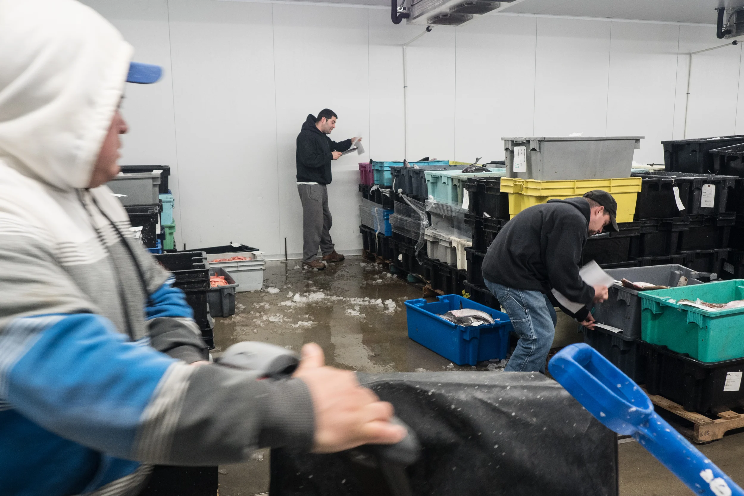   Nick, Shaun and Cezar record box numbers to make sure they go to the right customers.  