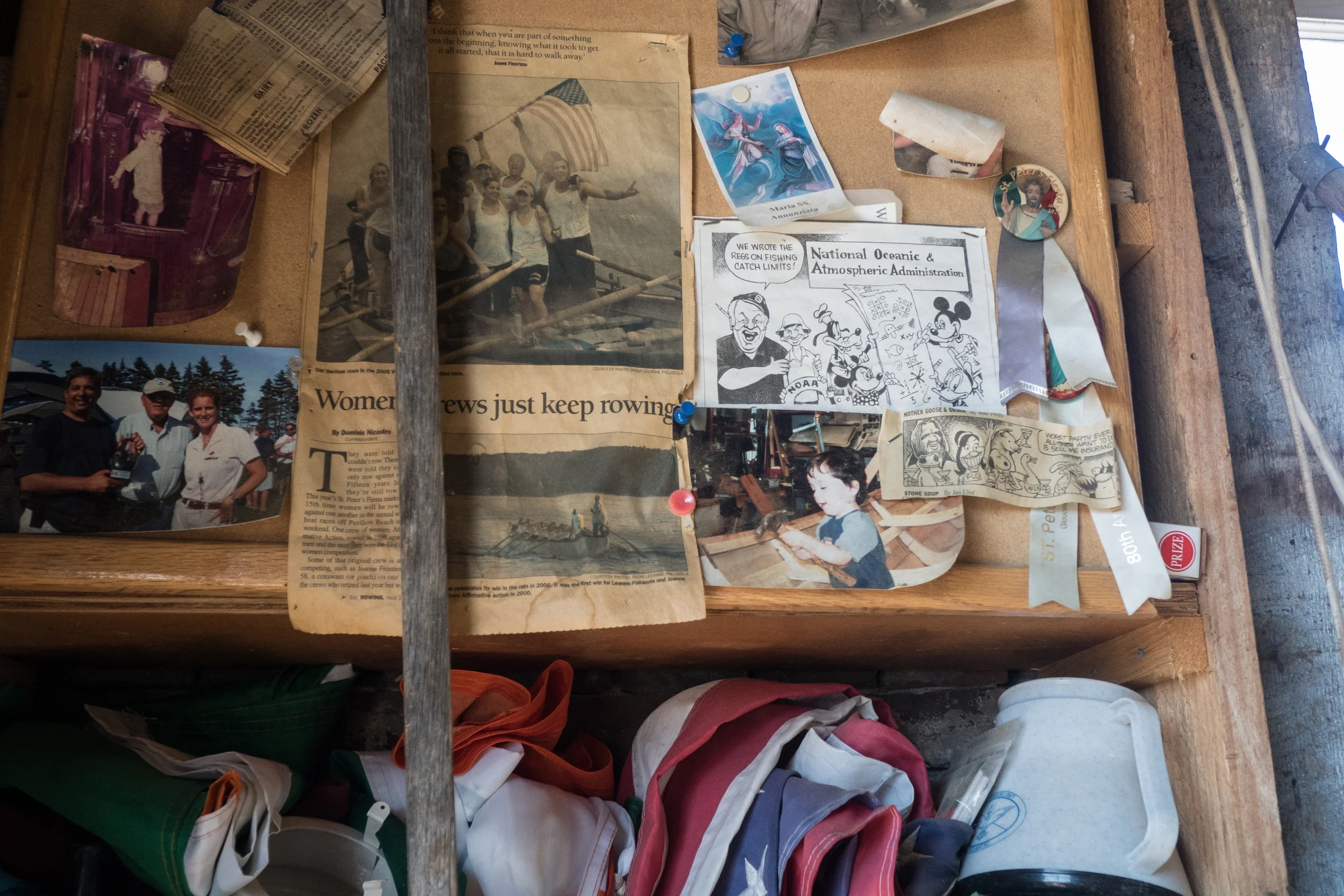   Among important keepsakes around the Dory Shop walls, A cartoon clipping mocks NOAA‘s ignorance in fish sampling practices. Geno laughs, “thats pretty close to it,“ most who have seen the practices first hand point to flawed regulation culture as a