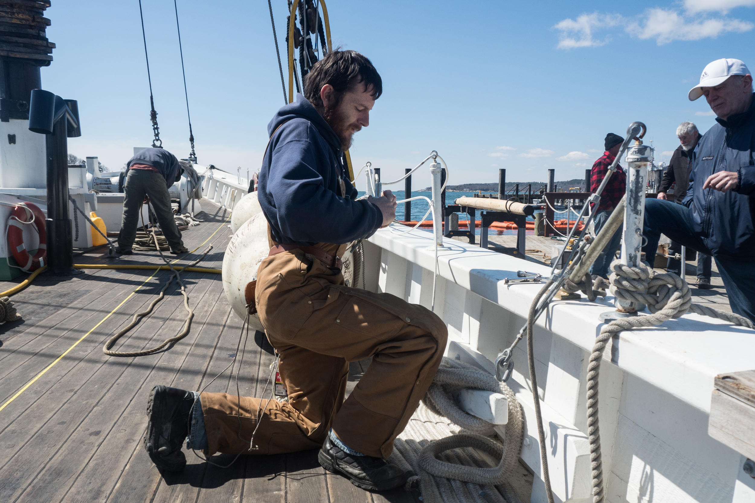   Mark uses recycled 12 volt wire to create railings on the Adventure. The original crew would not see these railing as a hindrance to work but coast guard regulation requires them for the Adventure‘s new purpose.  