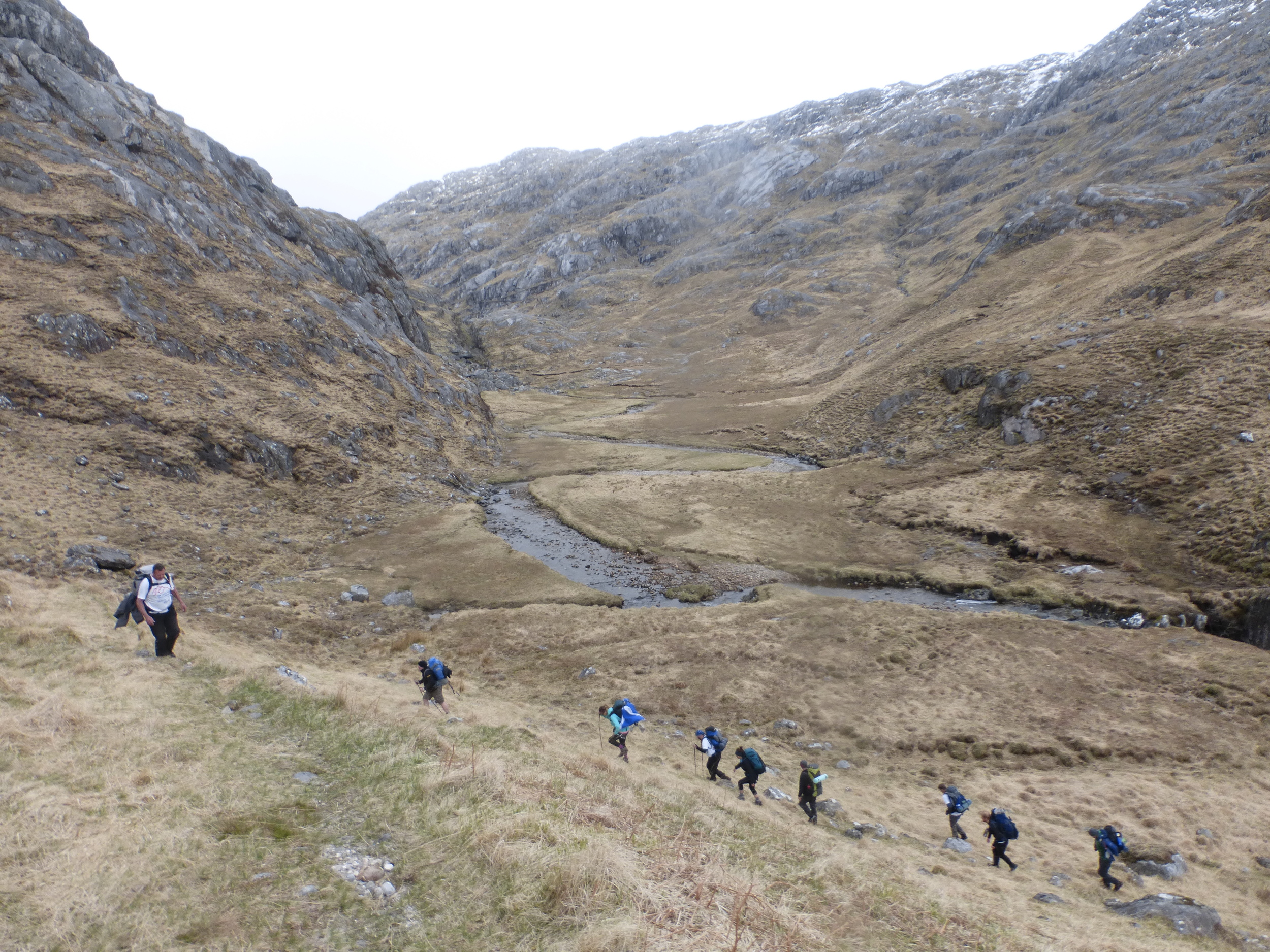 Follow the leader - the team make their way towards the path which descends steeply into Loch Nevis