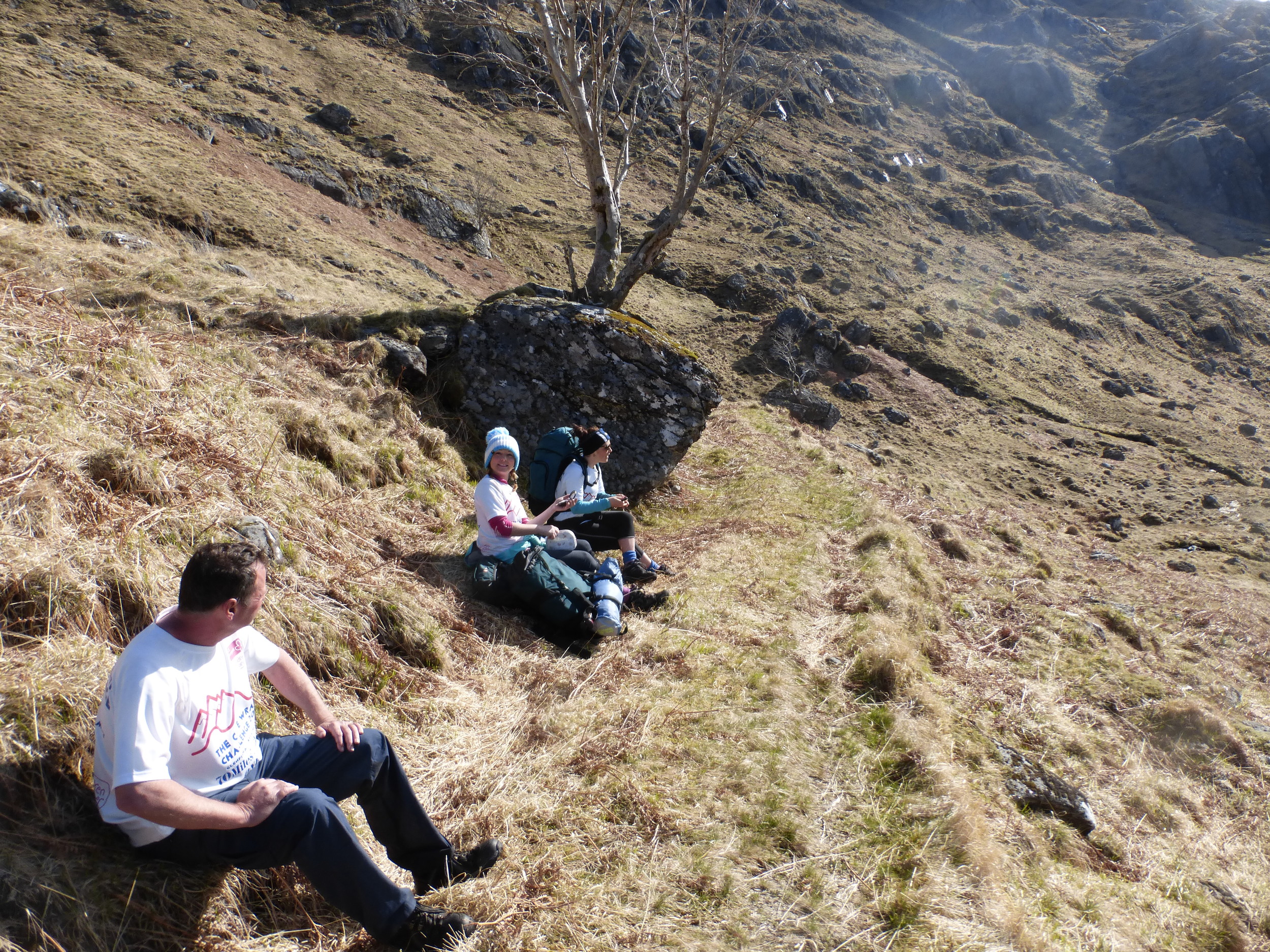 Niall, Donna & Ellie take a well earned rest after the climb from the River Carnoch