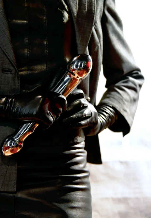London Pro-Domme Maitresse Nuit in full leather attire educating a slave into anal stretching