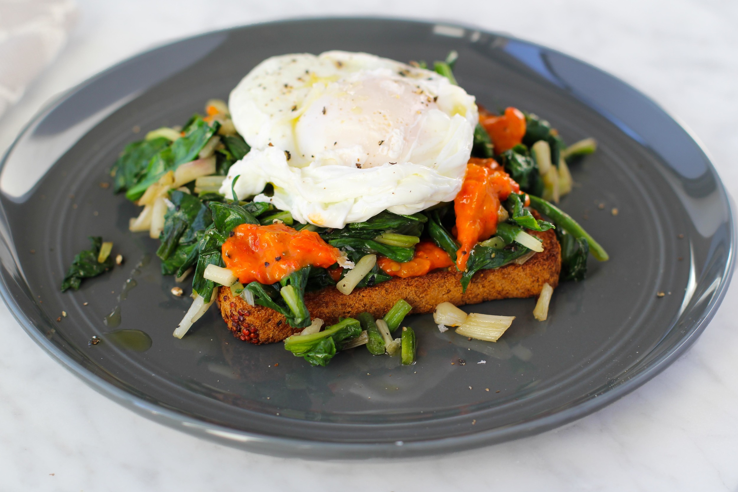 Ramps on Toast with Poached Egg & Ajvar — Veggies & Gin