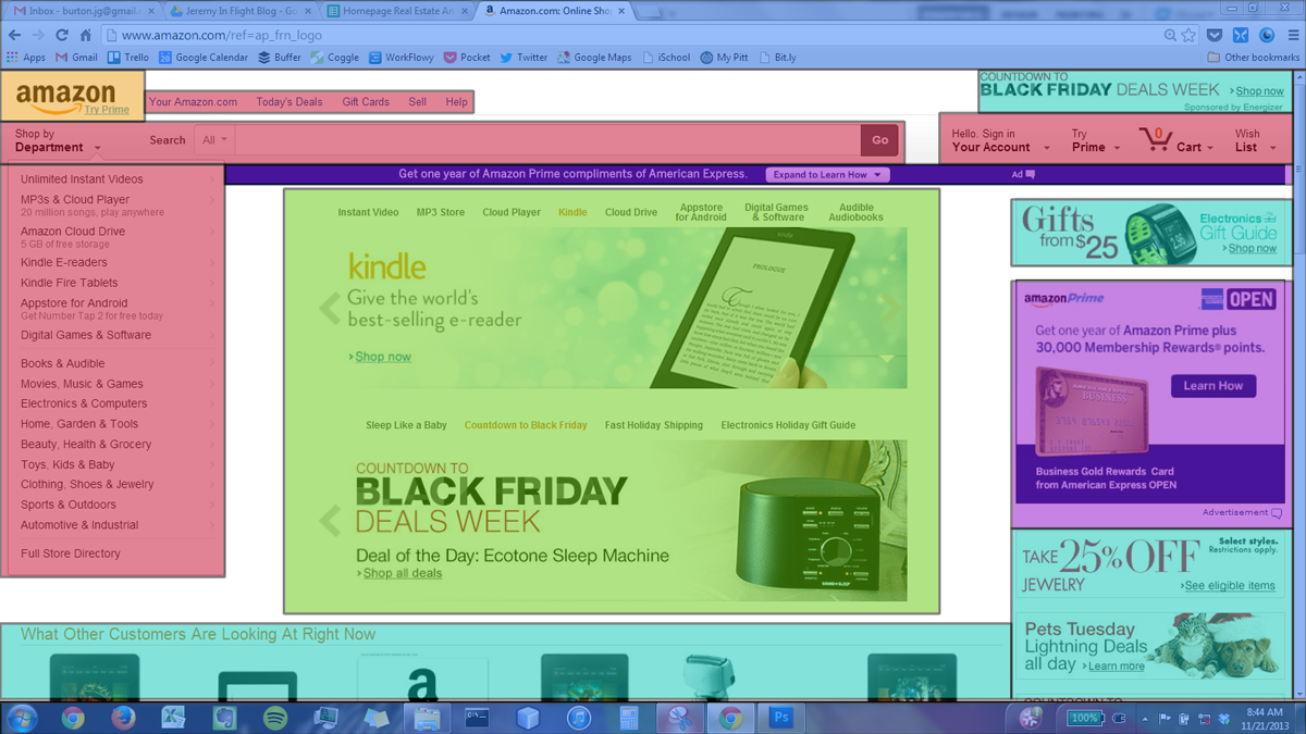 Key { Red = Navigation, Green = Content, Orange = Welcome, Pink = Ads, Self-Promotion = Turquoise, Light Purple = Filler, Blue = Chrome }
