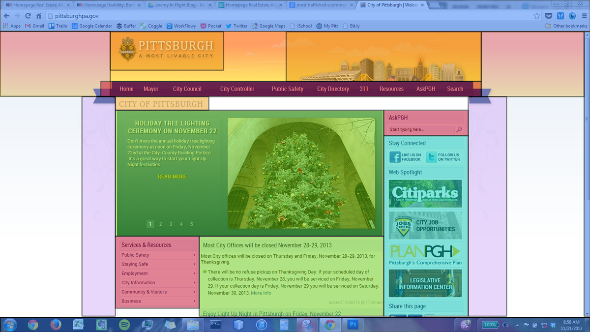 Key { Red = Navigation, Green = Content, Orange = Welcome, Pink = Ads, Self-Promotion = Turquoise, Light Purple = Filler, Blue = Chrome }